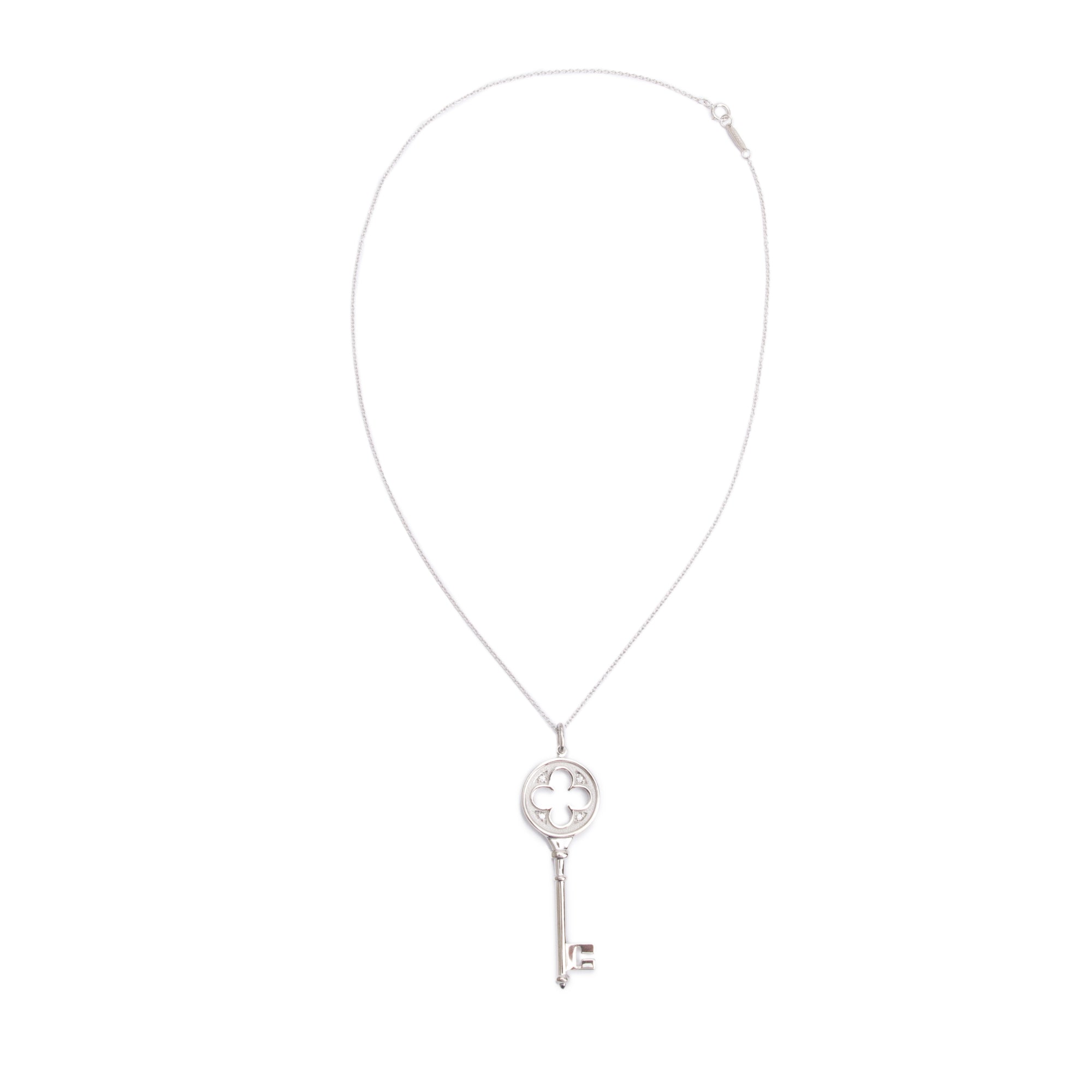 Tiffany & Co. 18k White Gold Diamond Clover Key Pendant Necklace w/ Box