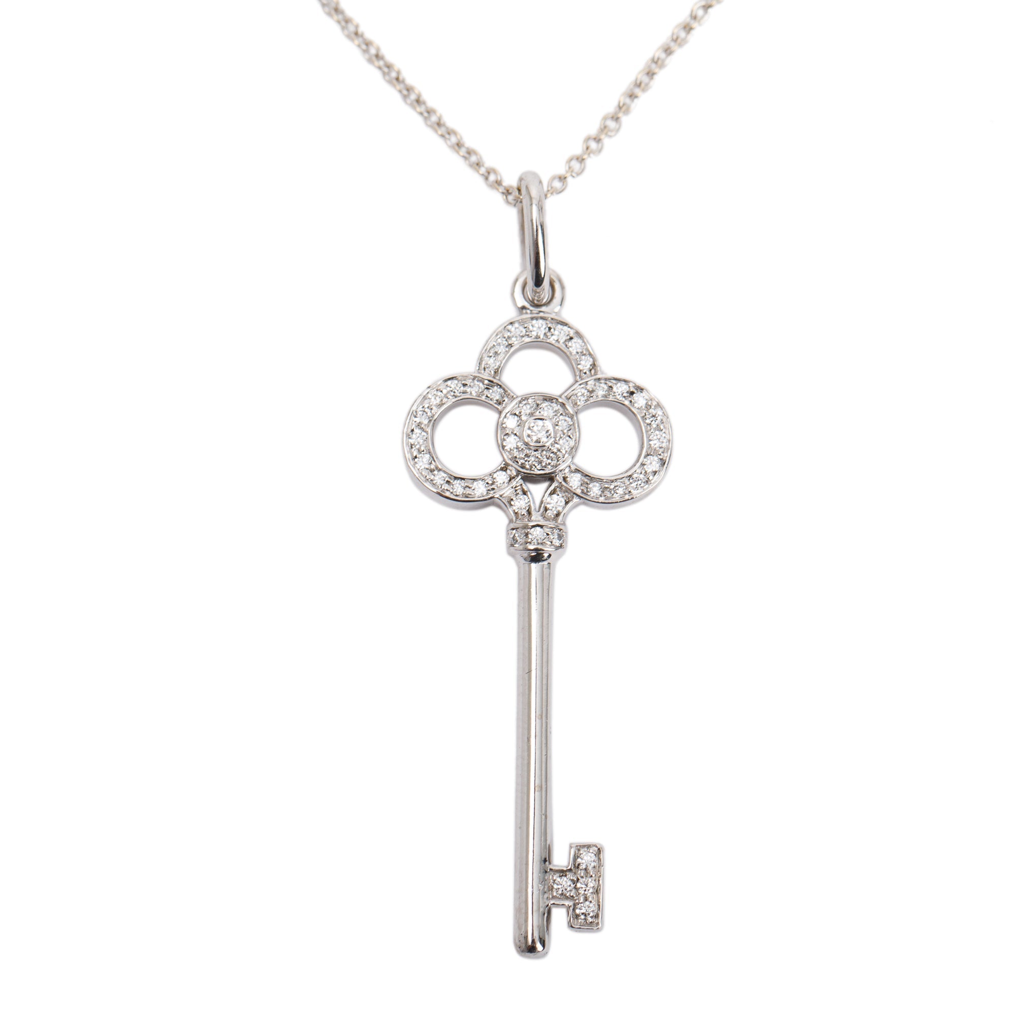 Tiffany & Co. 18k White Gold & Diamond Crown Key Pendant Necklace