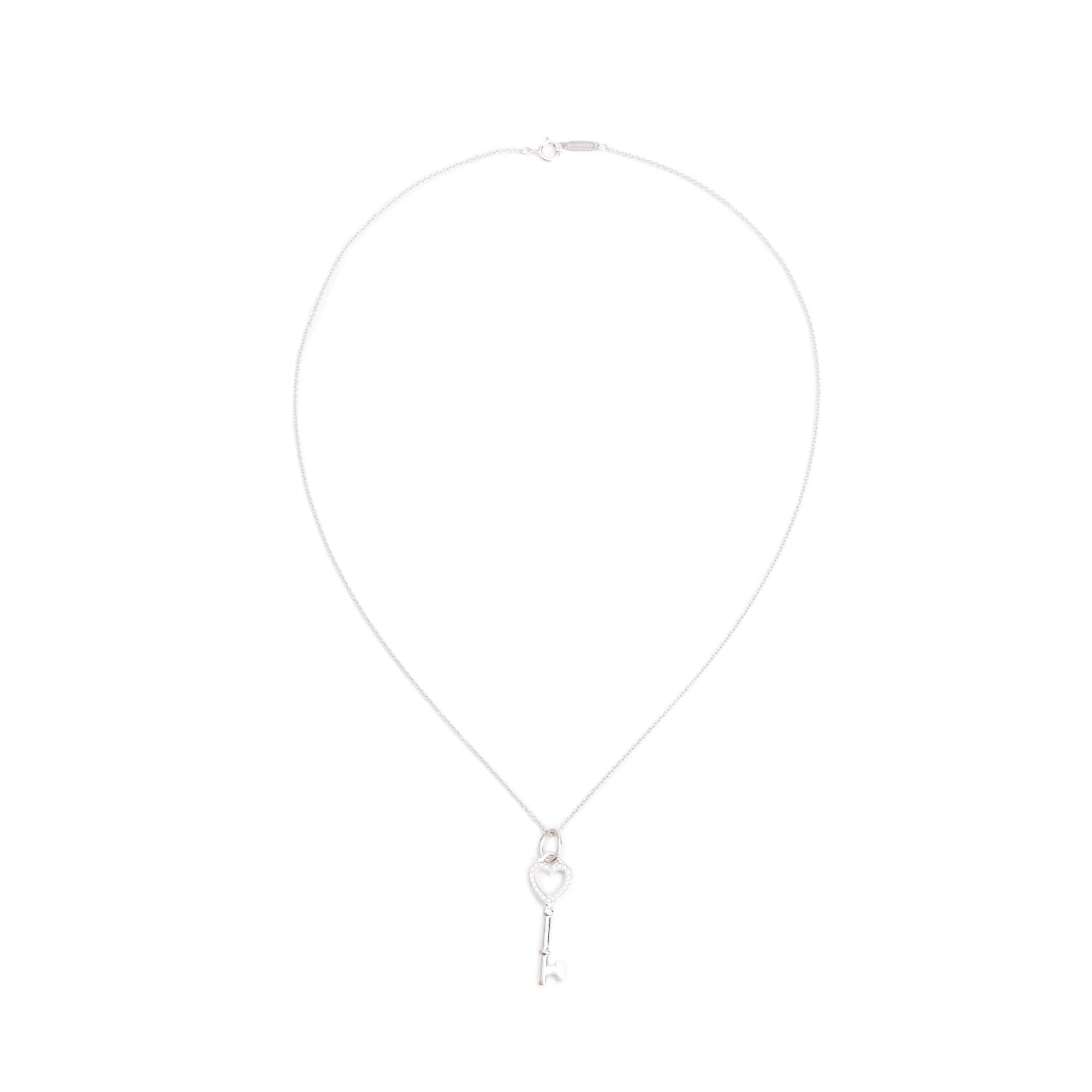 Tiffany & Co. 18k White Gold Diamond Heart Key Pendant w/ Box