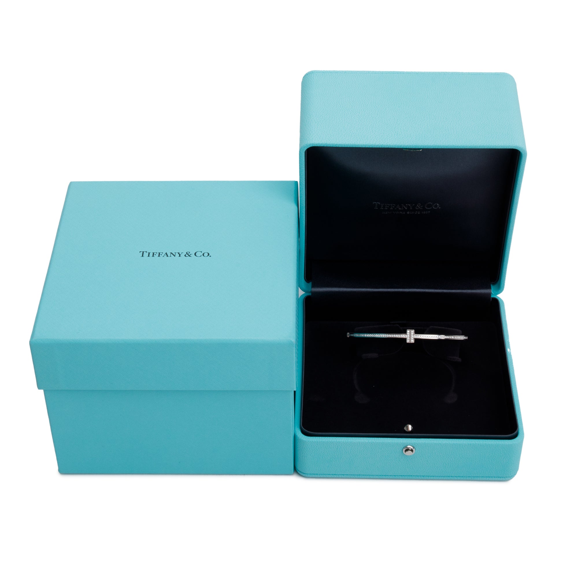 Tiffany & Co. 18k White Gold & Diamond T Hinged Wire Bracelet w/ Box