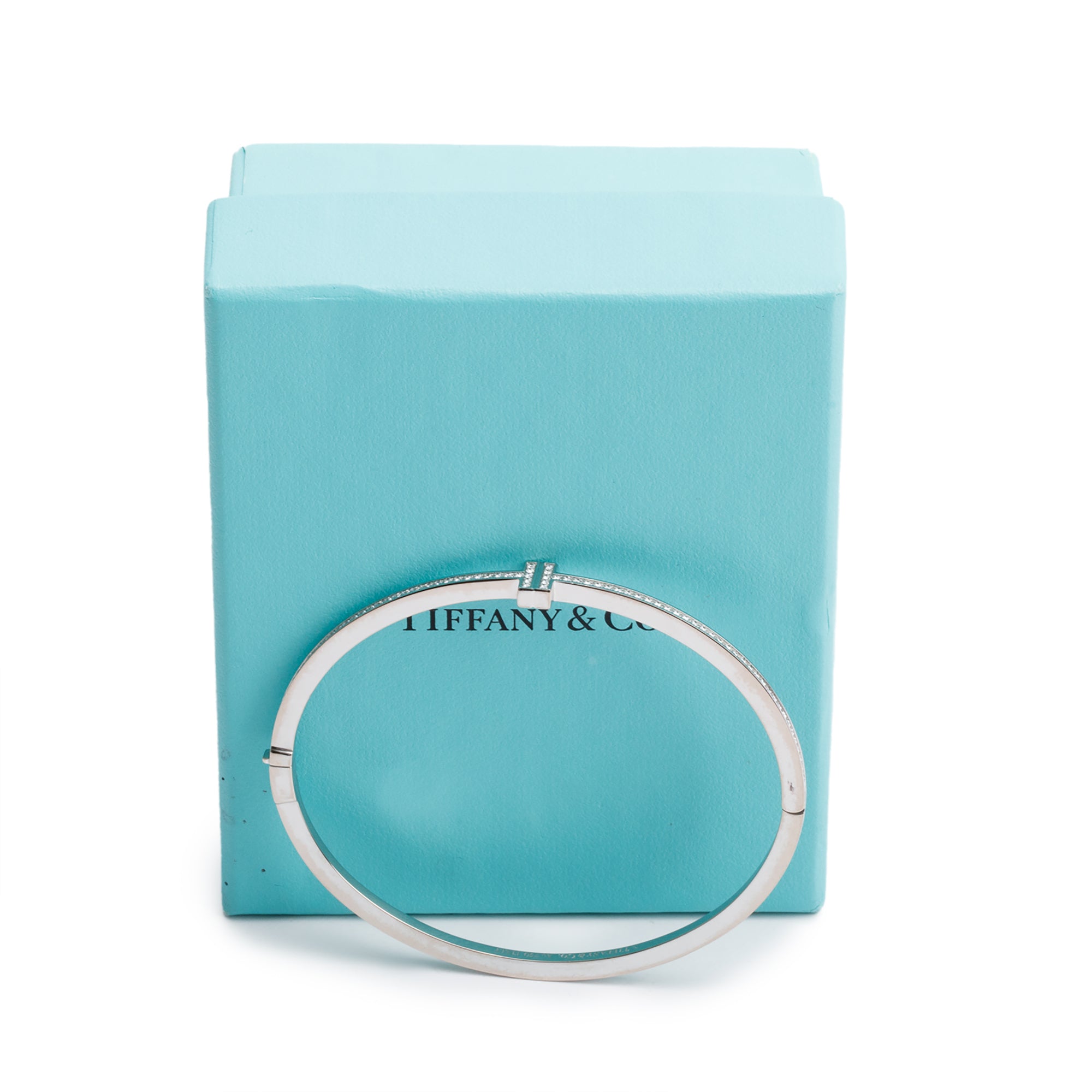 Tiffany & Co. 18k White Gold & Diamond T Hinged Wire Bracelet w/ Box