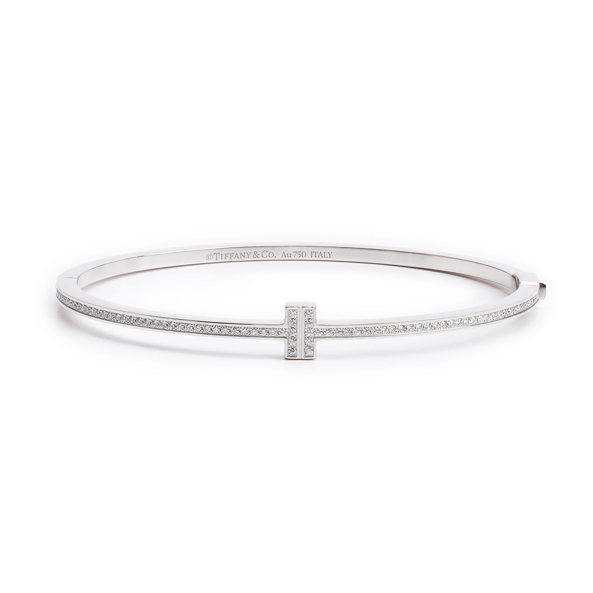 Tiffany & Co. 18k White Gold & Diamond T Hinged Wire Bracelet w/ Box