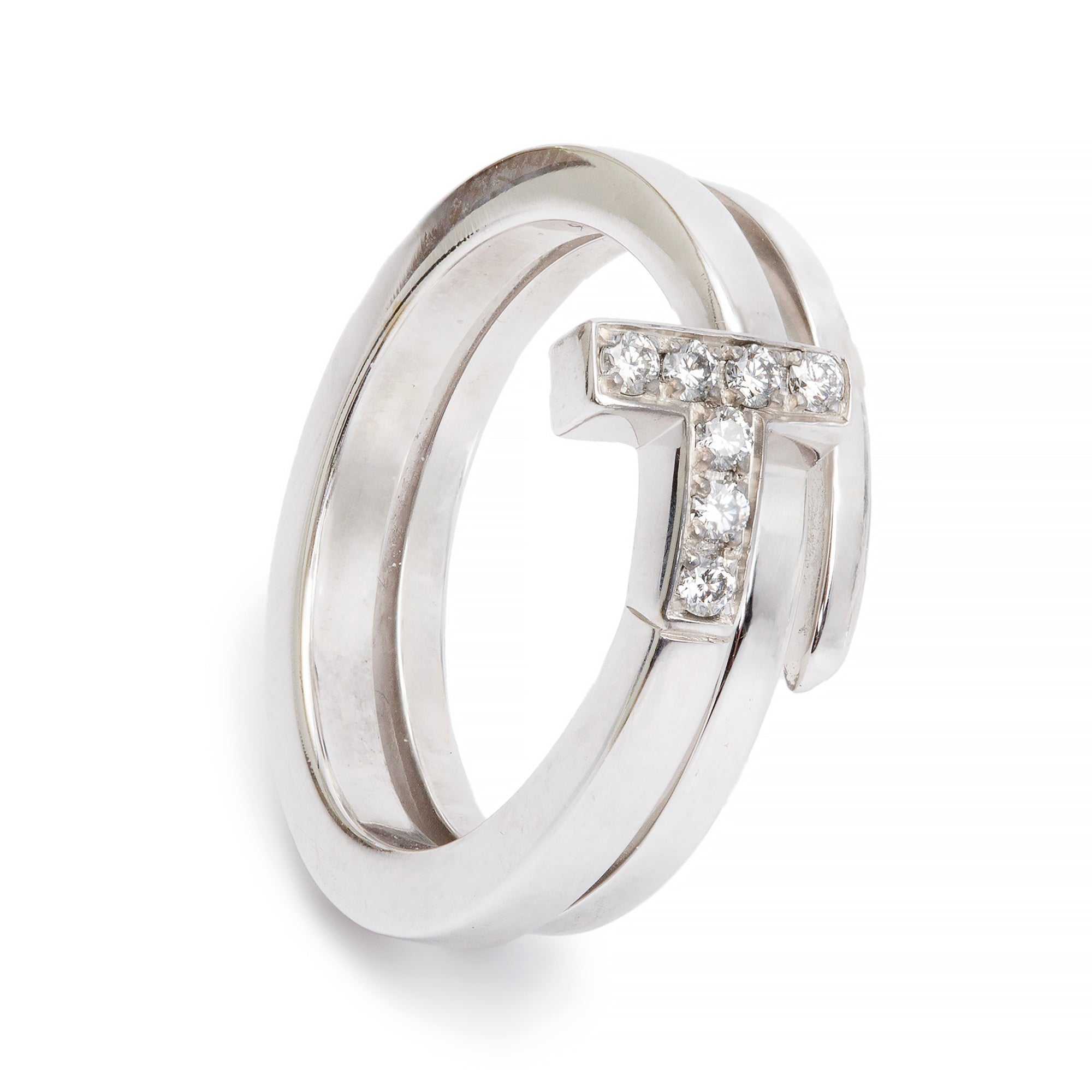 Tiffany & Co. 18k White Gold Diamond T Square Wrap Ring, Size 6.75 w/ Box