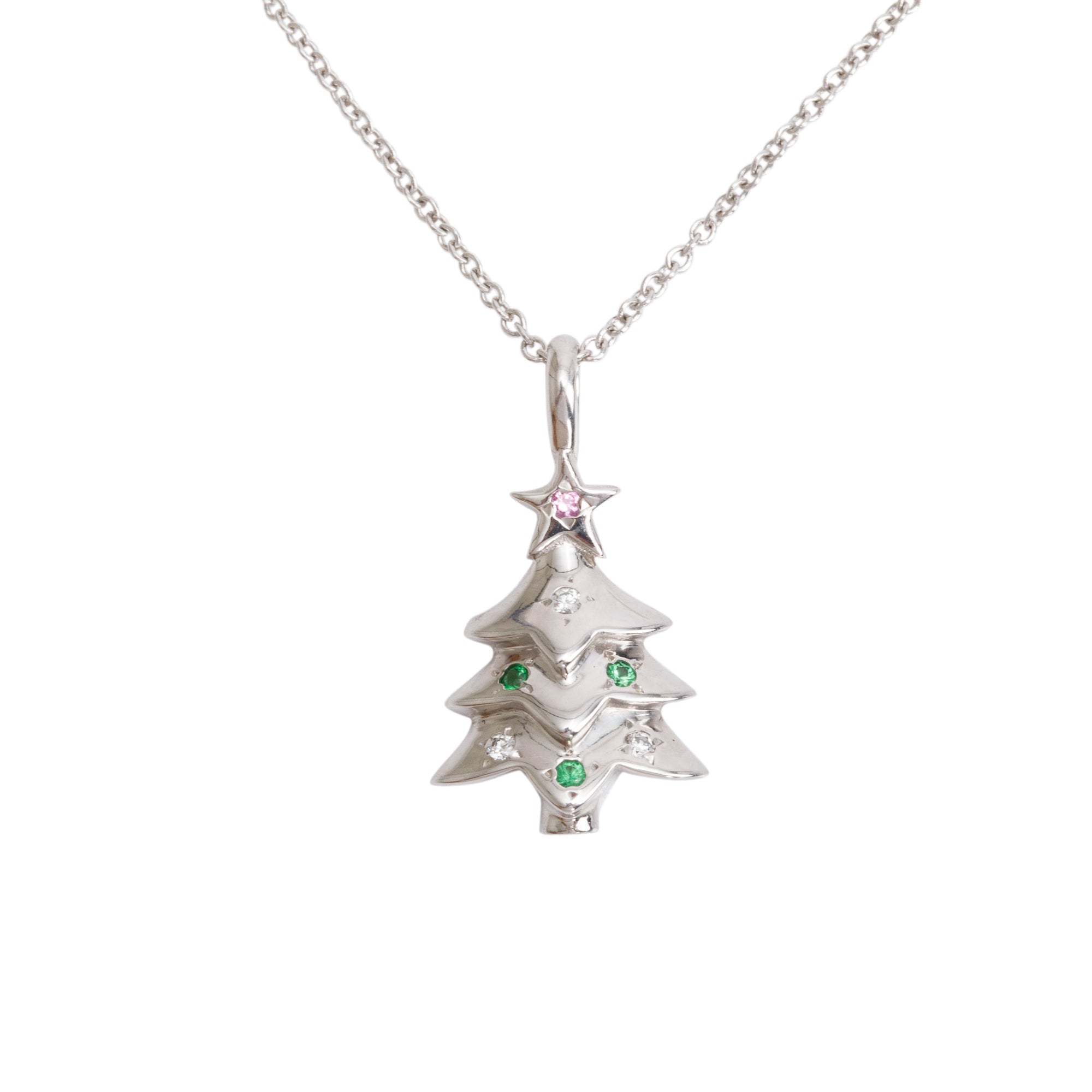Tiffany & Co. 18k White Gold Diamond, Tsavorite & Sapphire Christmas Tree Pendant Necklace