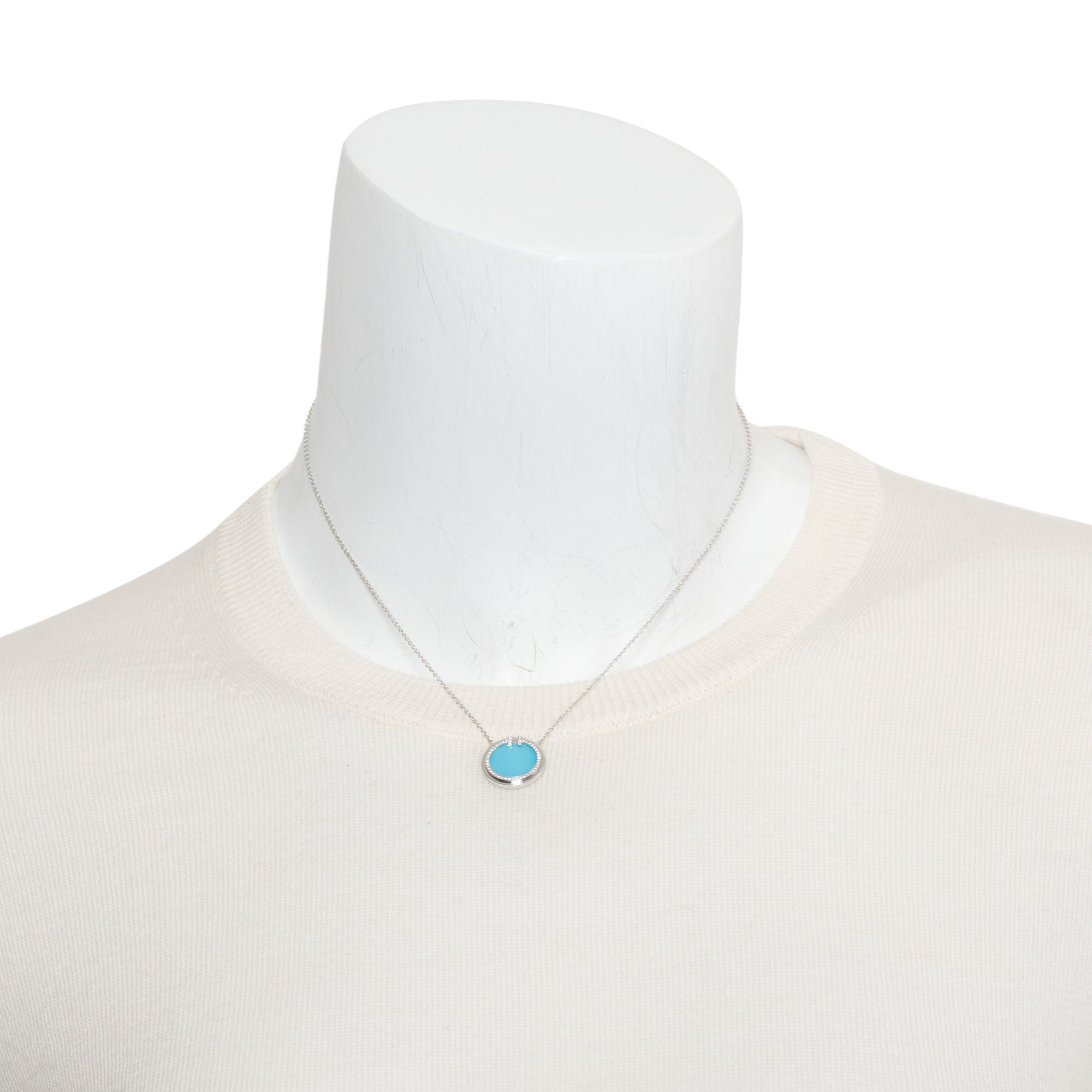 Tiffany & Co. 18k White Gold Diamond & Turquoise 16 MM T Circle Pendant Necklace w/ Box