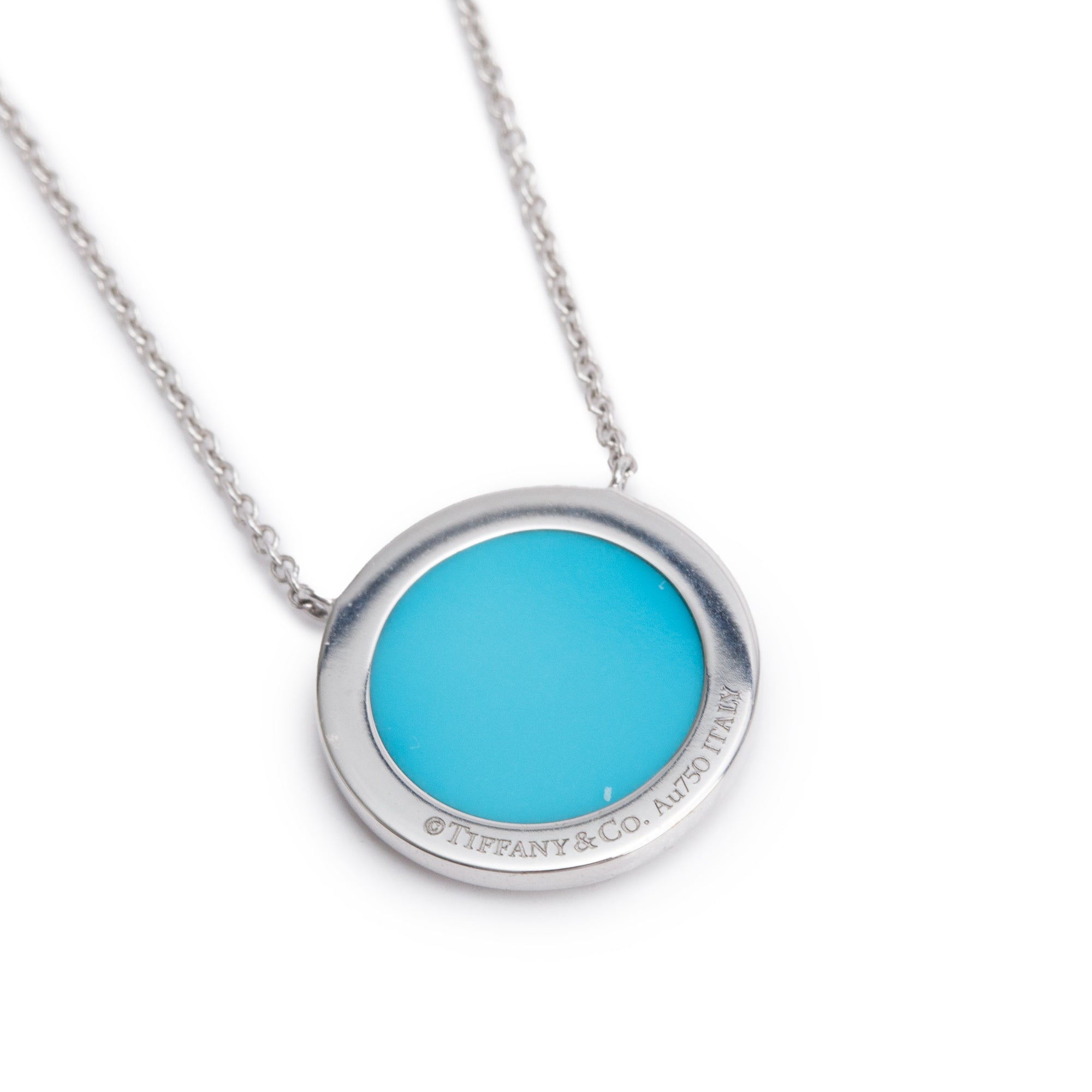 Tiffany & Co. 18k White Gold Diamond & Turquoise 16 MM T Circle Pendant Necklace w/ Box