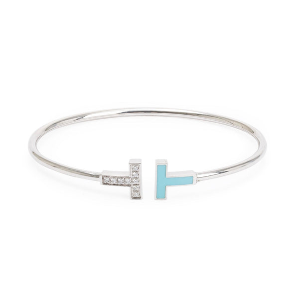Tiffany 18k White Gold Diamond Turquoise Enamel T Wire