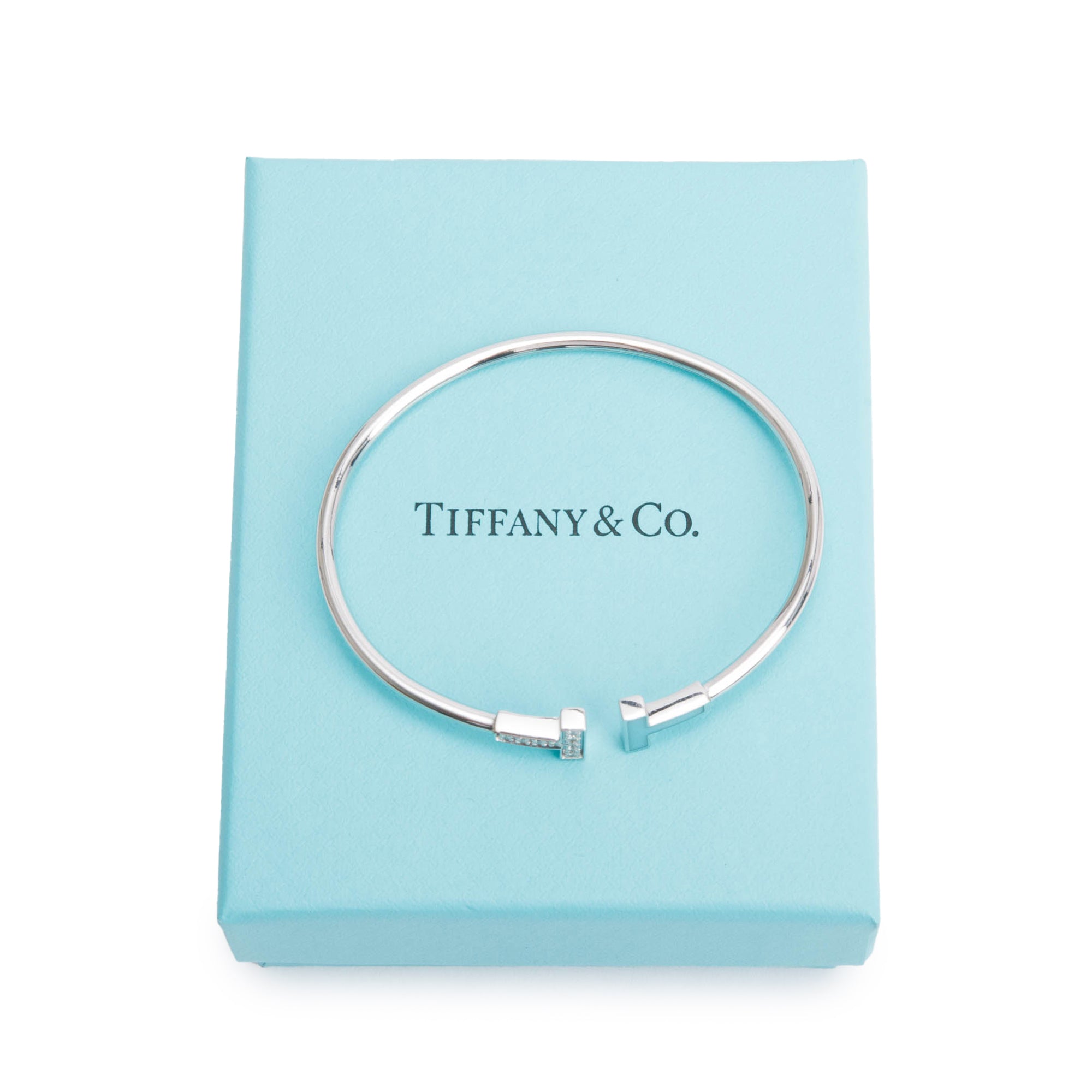 Tiffany & Co. 18k White Gold & Diamond Turquoise T Wire Bracelet w/ Box