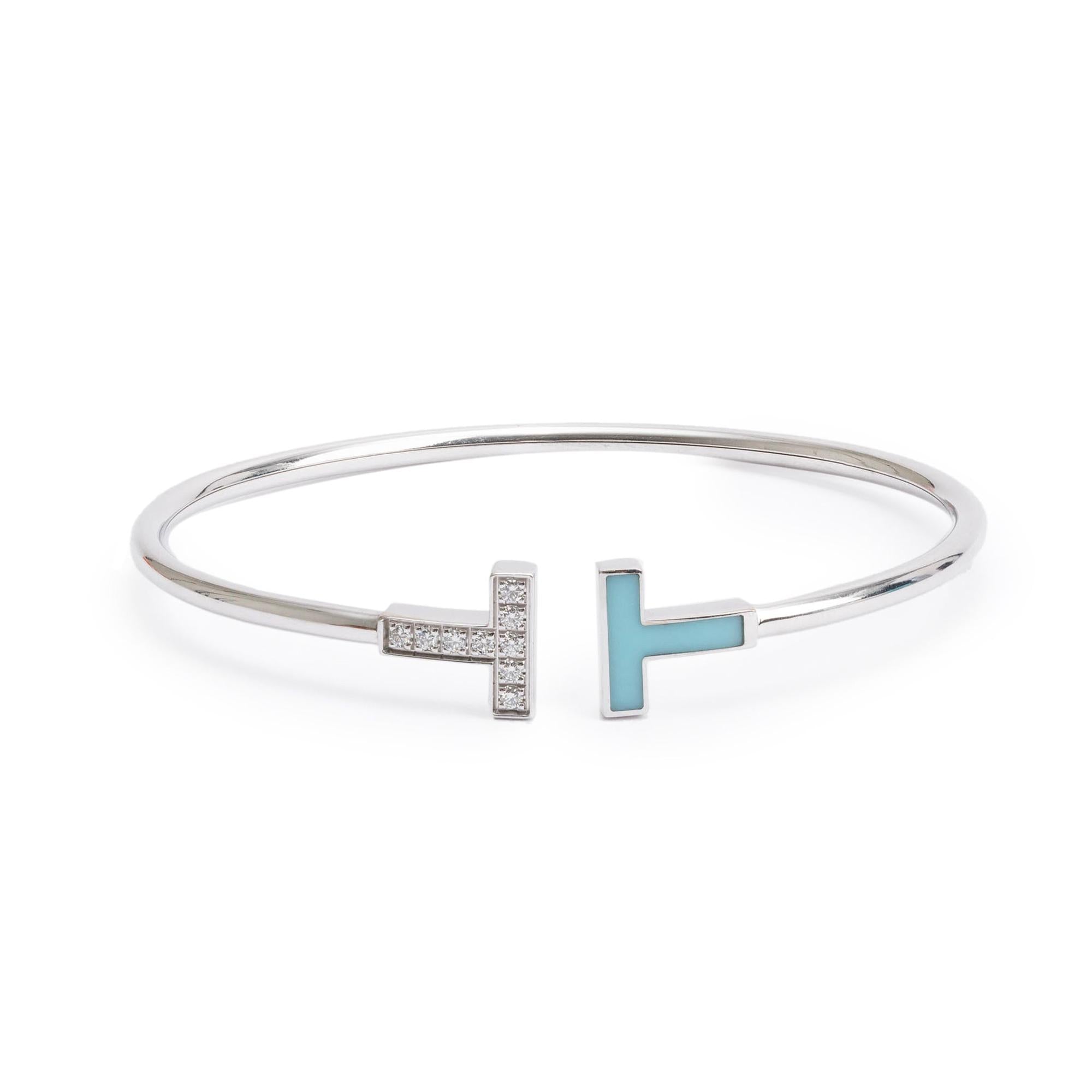 Tiffany & Co. 18k White Gold & Diamond Turquoise T Wire Bracelet w/ Box