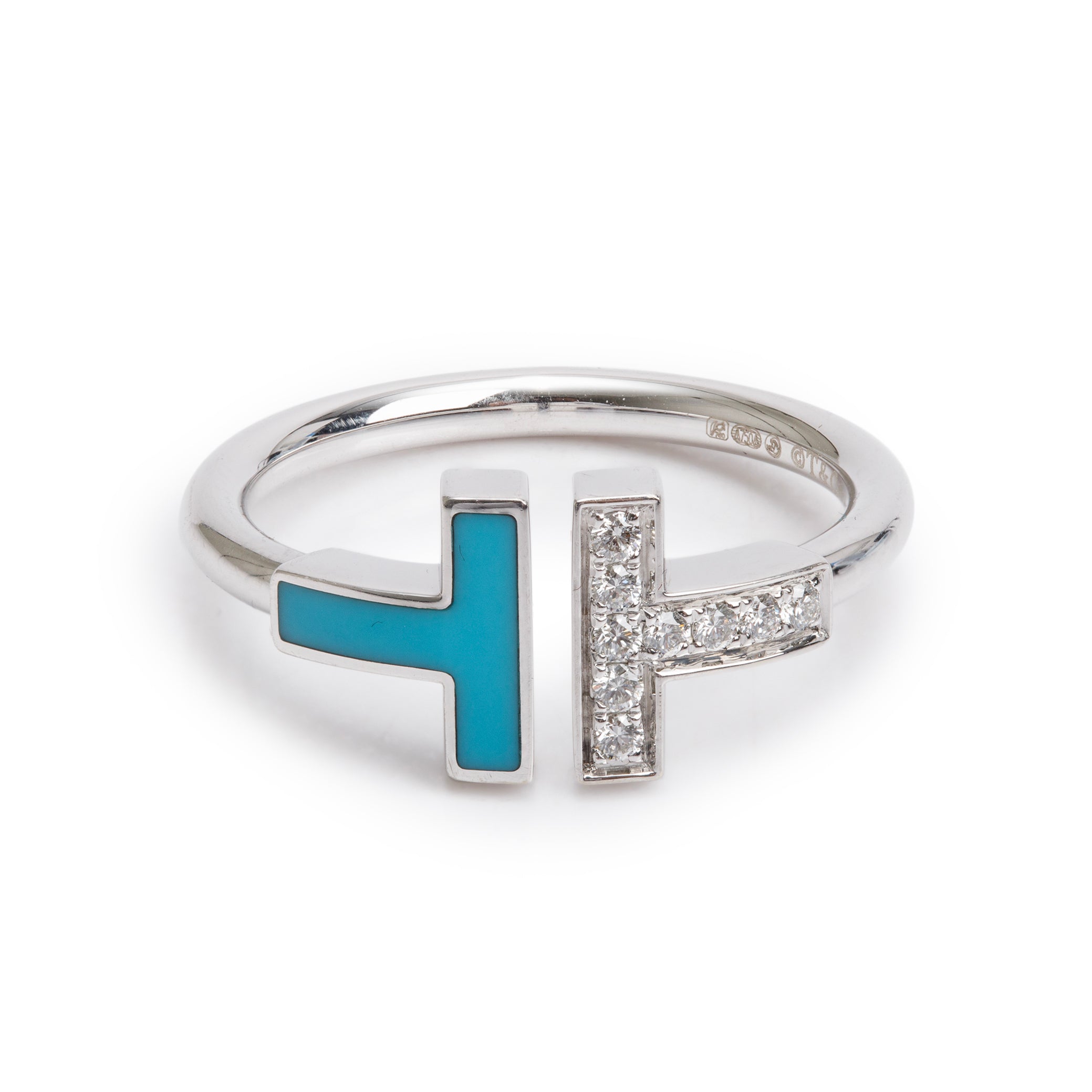 Tiffany & Co. 18k White Gold Diamond & Turquoise T Wire Ring, Size 6.5