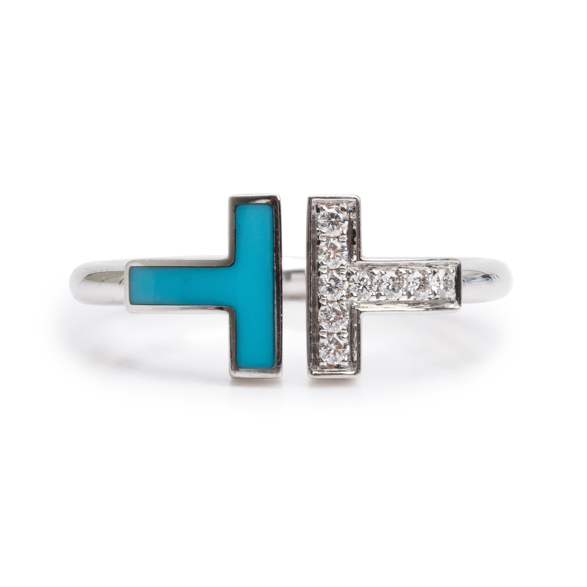 Tiffany & Co. 18k White Gold Diamond & Turquoise T Wire Ring, Size 6.5