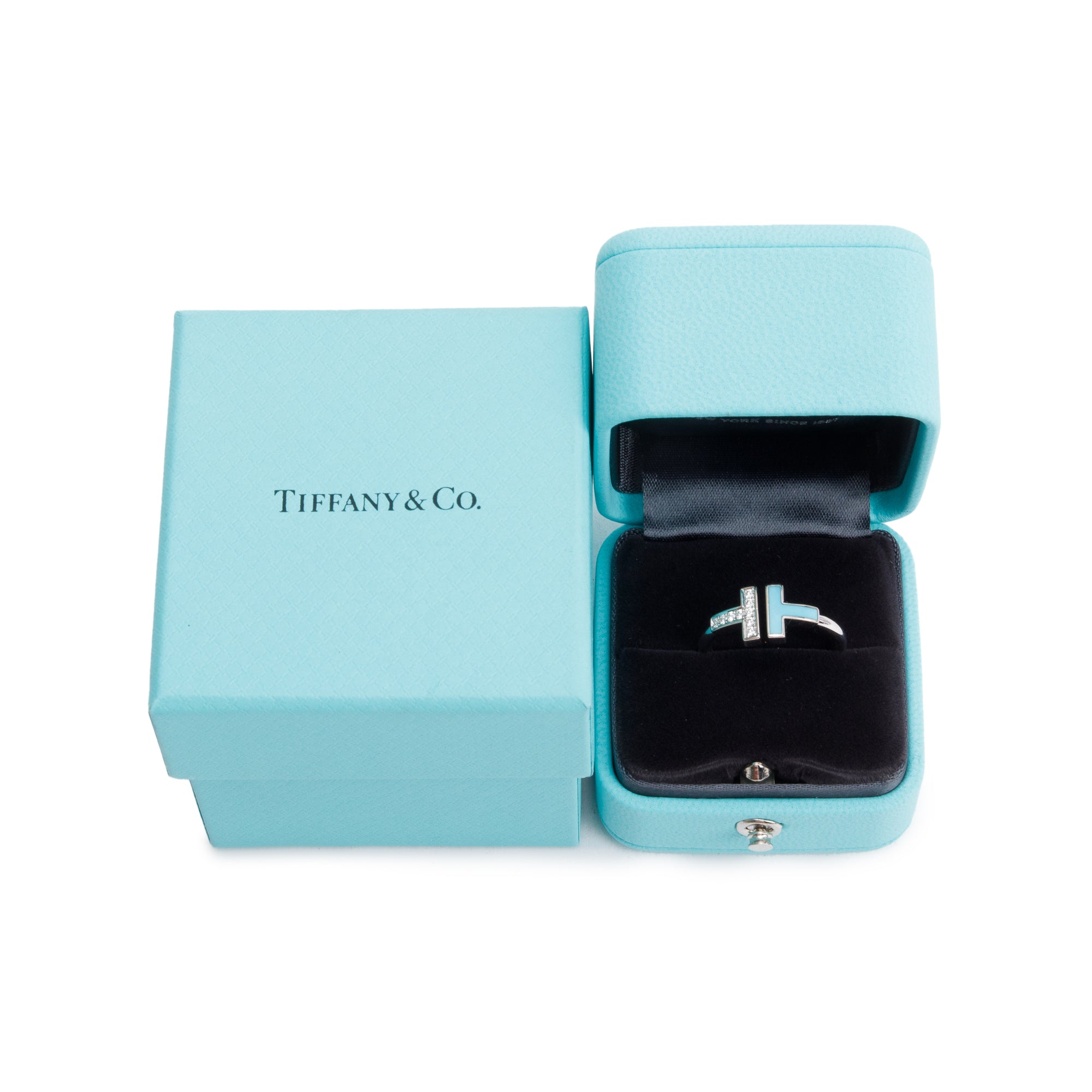 Tiffany & Co. 18k White Gold Diamond & Turquoise T Wire Ring, Size 7.5 w/ Box