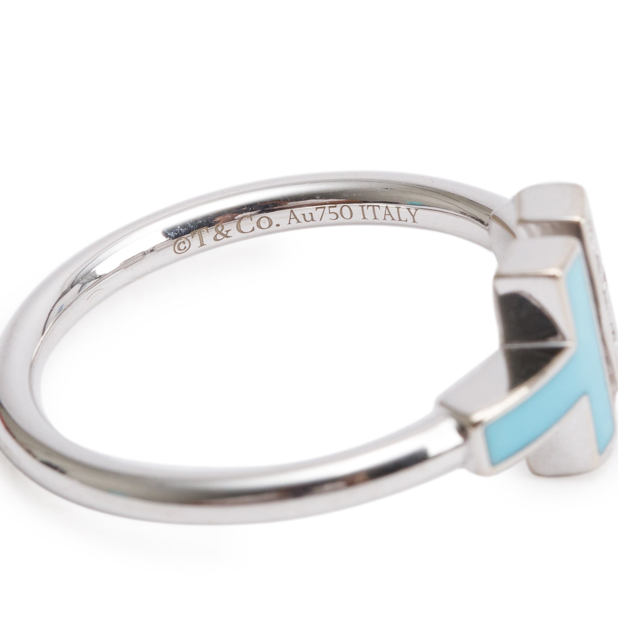 Tiffany & Co. 18k White Gold Diamond & Turquoise T Wire Ring, Size 7.5 w/ Box