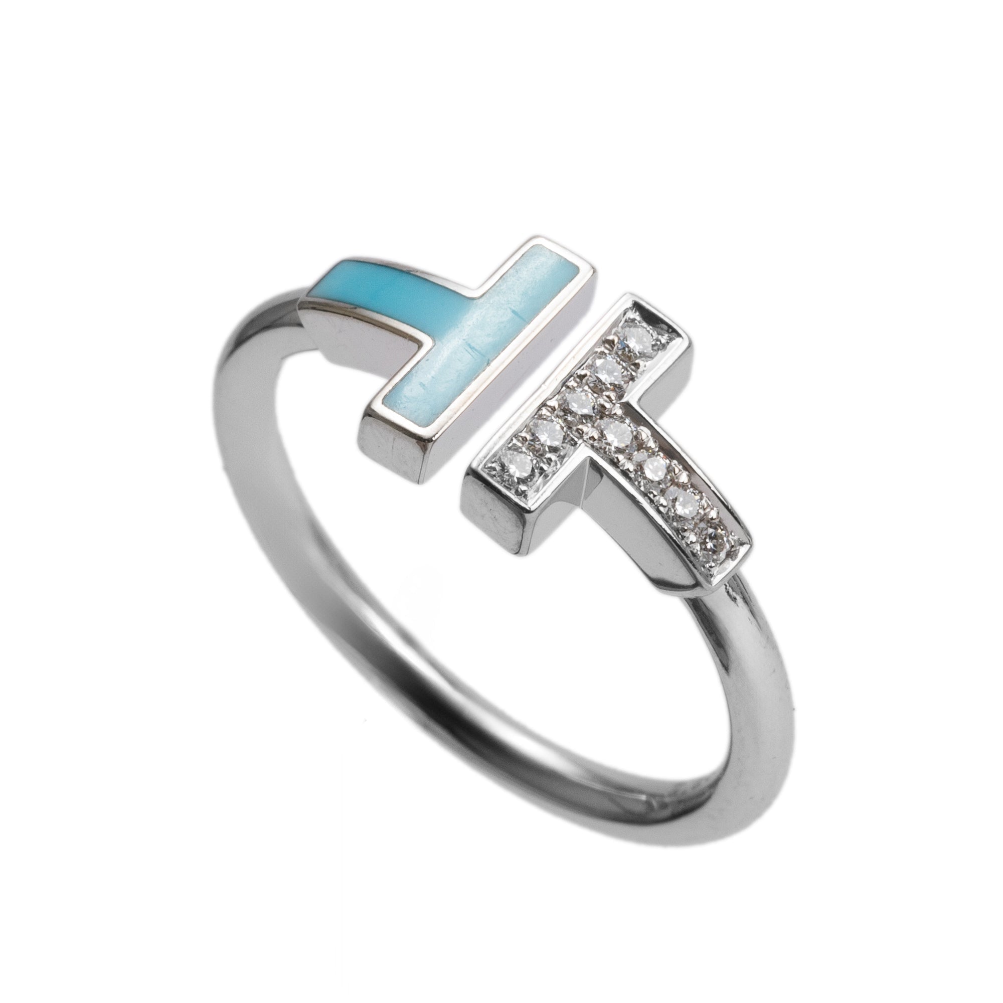 Tiffany & Co. 18k White Gold Diamond & Turquoise T Wire Ring, Size 7.5 w/ Box