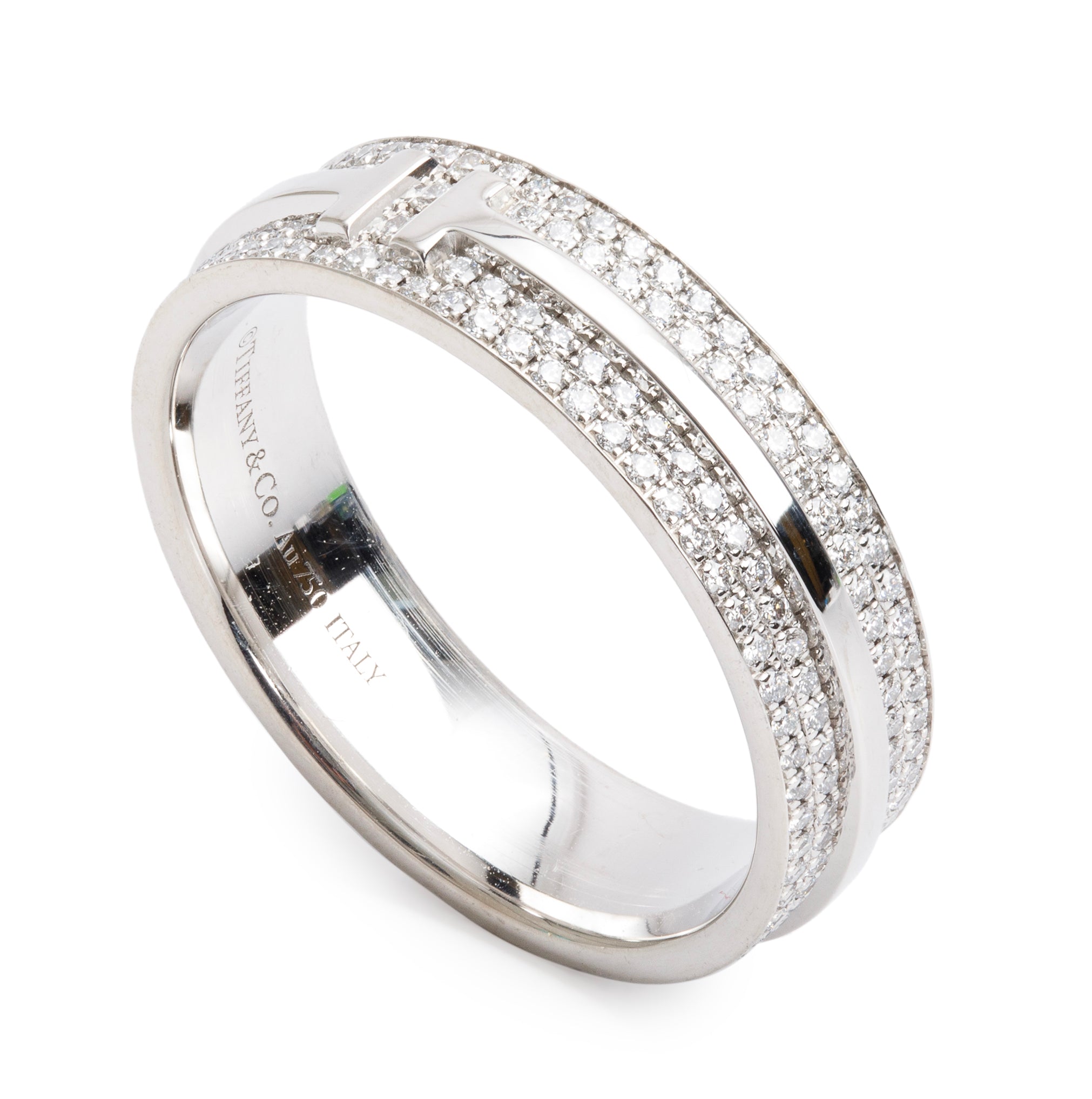 Tiffany & Co. 18k White Gold Pave Diamond T Wide Ring, Size 9.5 w/ Box