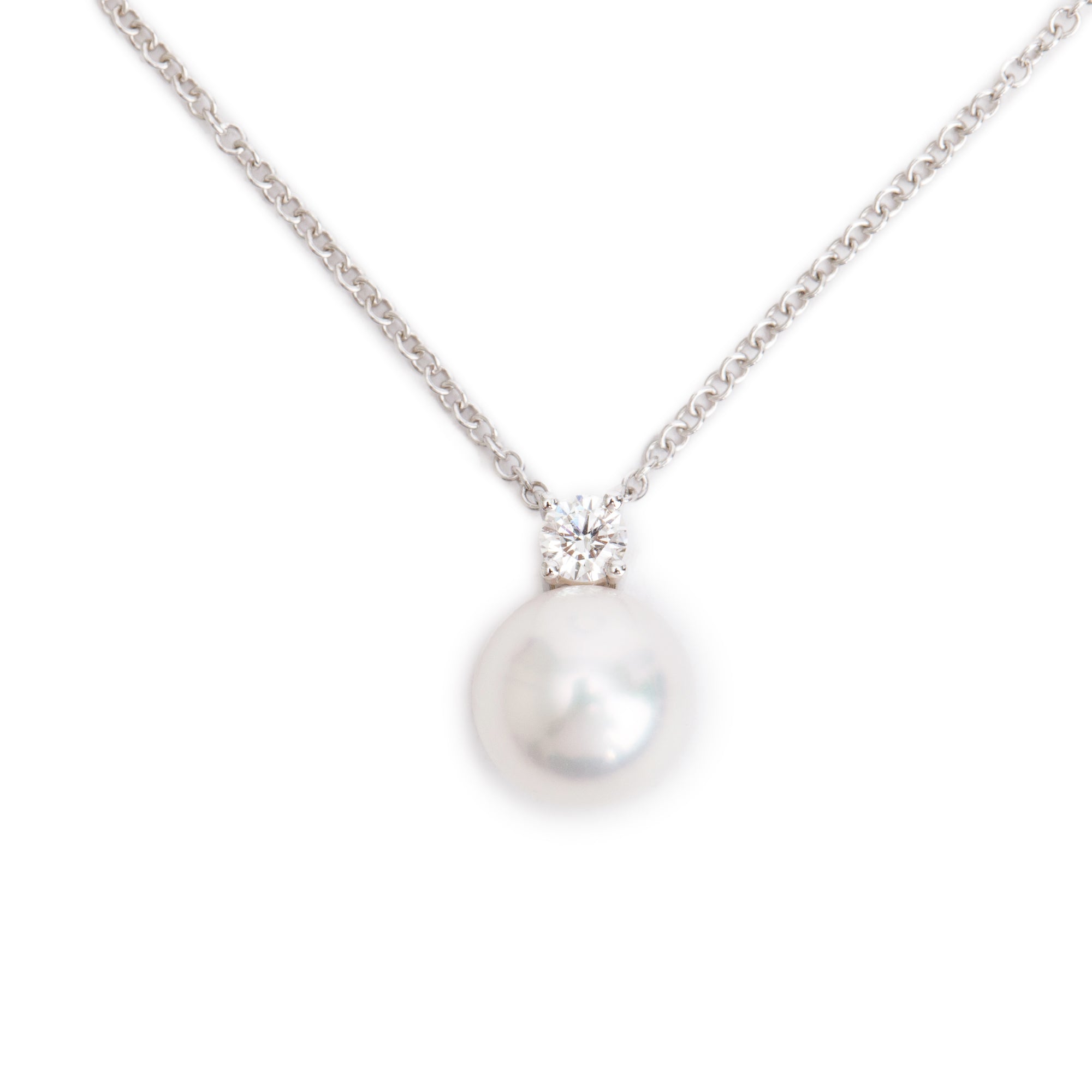 Tiffany & Co. 18k White Gold Signature Pearl & Diamond Pendant Necklace w/ Box
