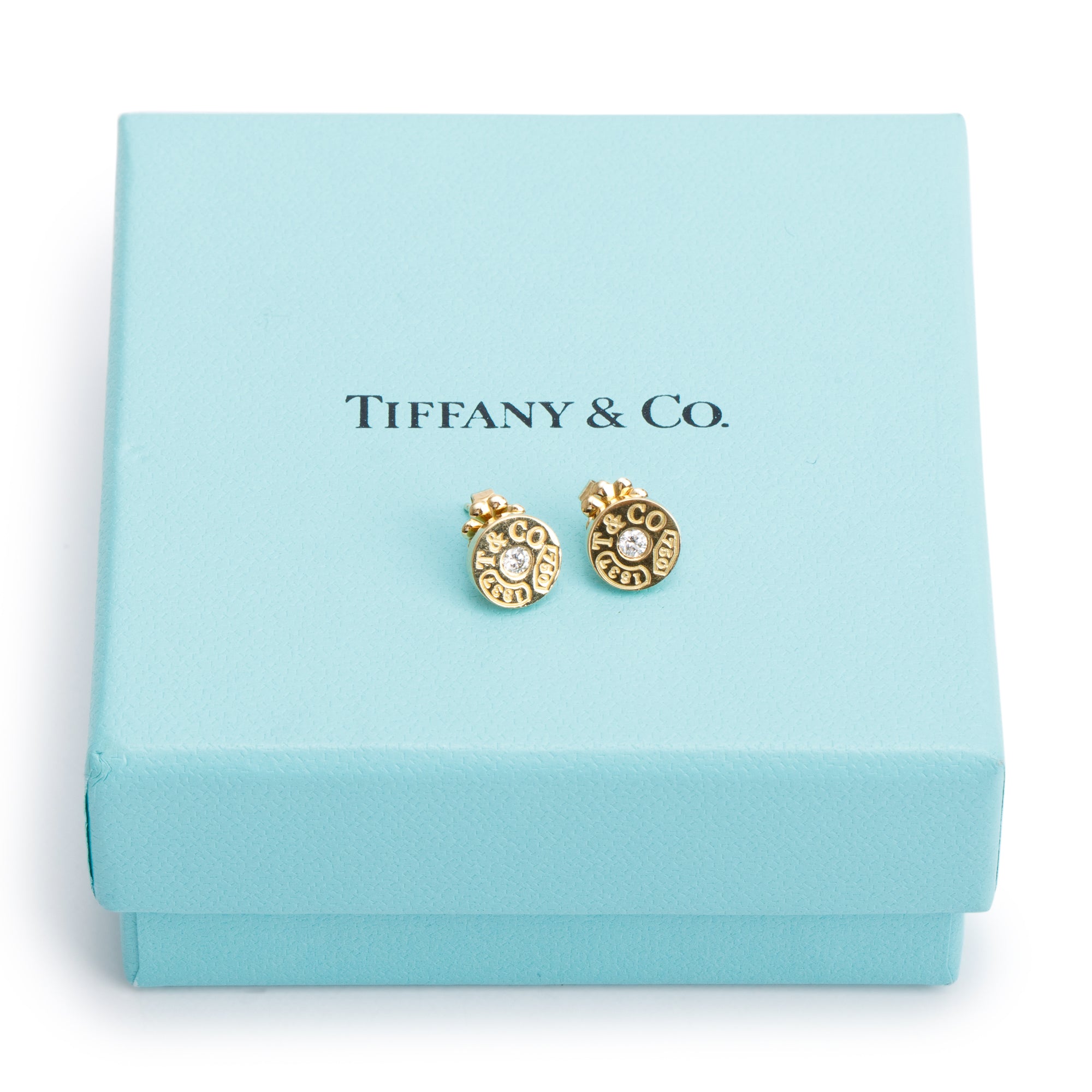 Tiffany & Co. 18k Yellow Gold Diamond 1837 Circle Earrings w/ Box