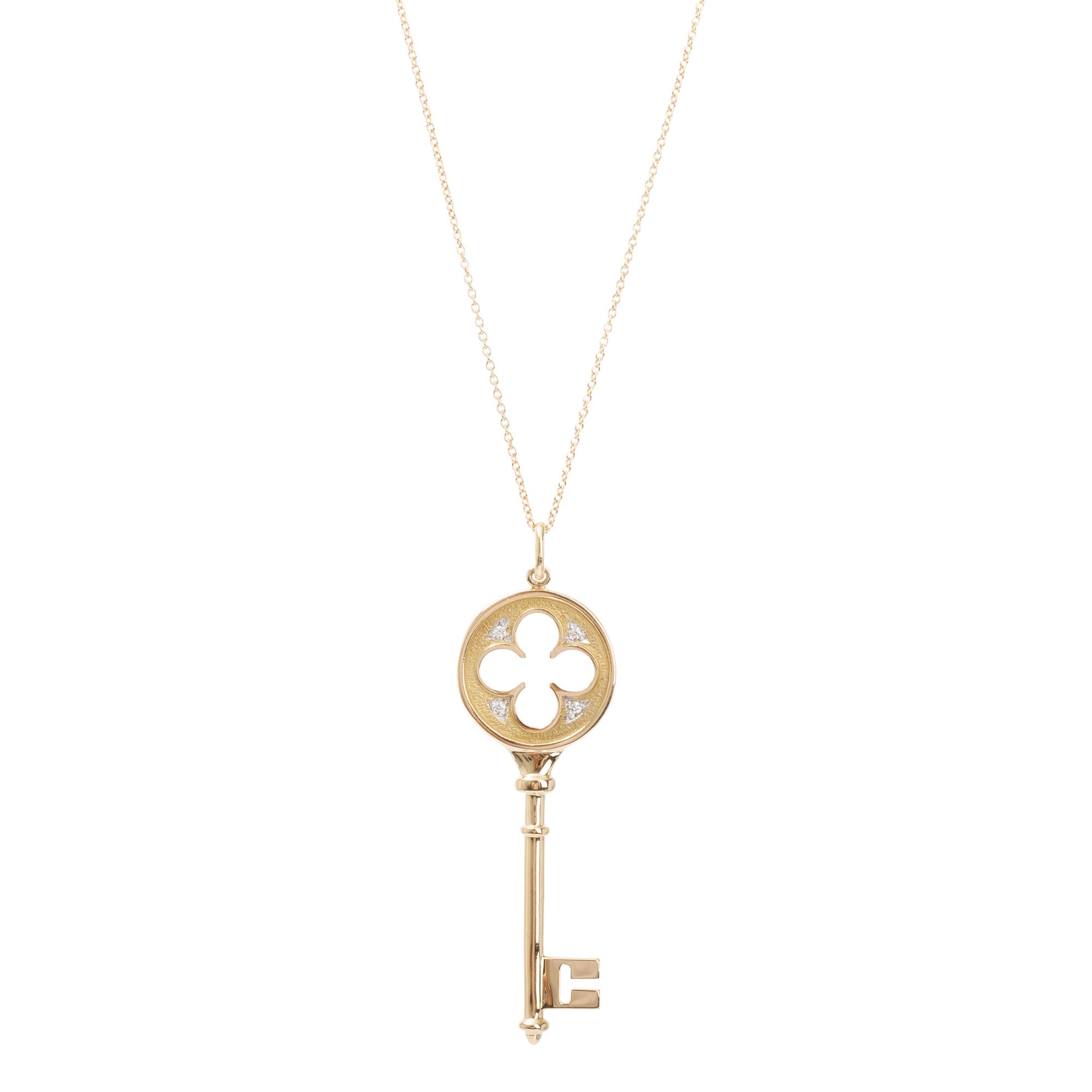 Tiffany & Co. 18k Yellow Gold Diamond Clover Key Pendant Necklace w/ Box