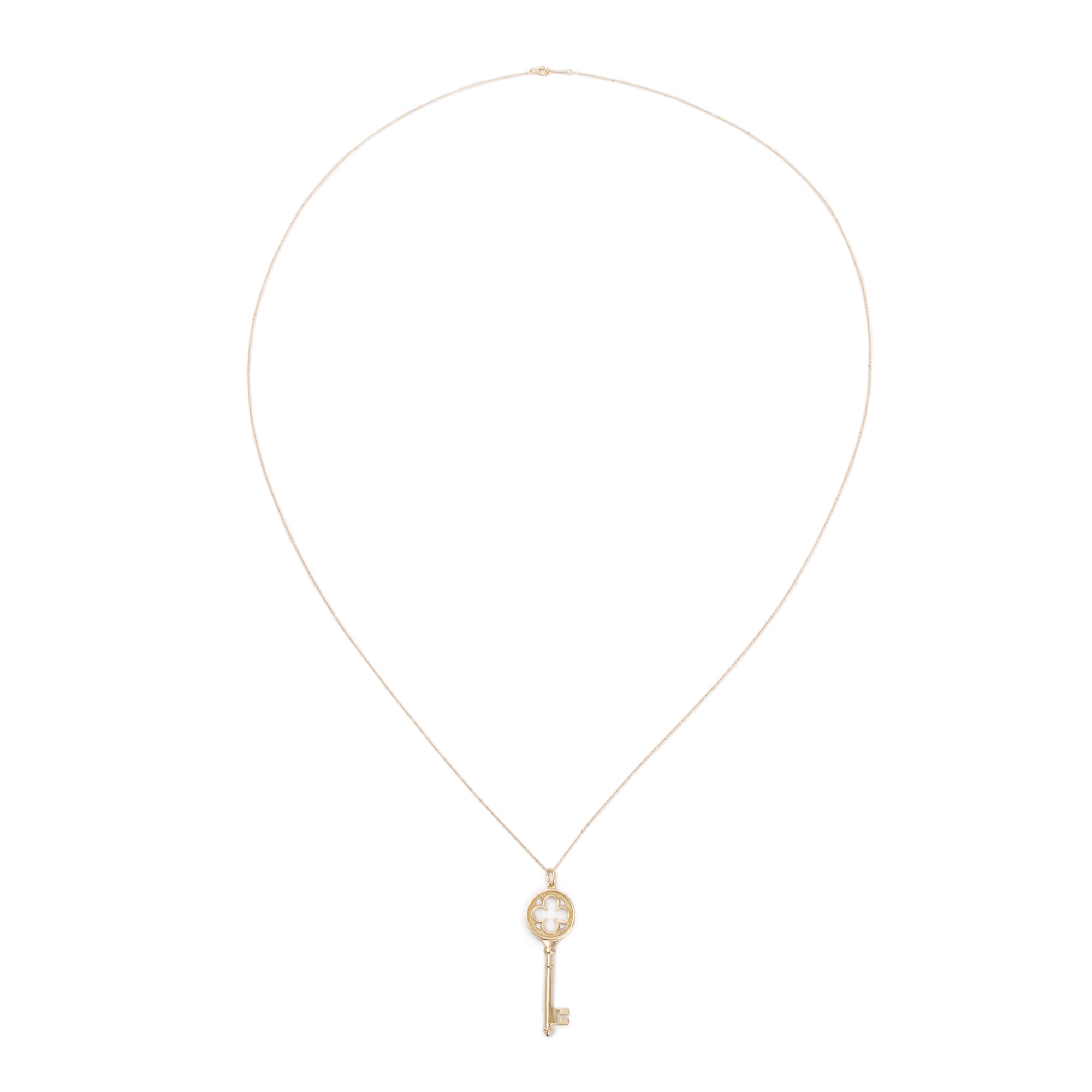 Tiffany & Co. 18k Yellow Gold Diamond Clover Key Pendant Necklace w/ Box