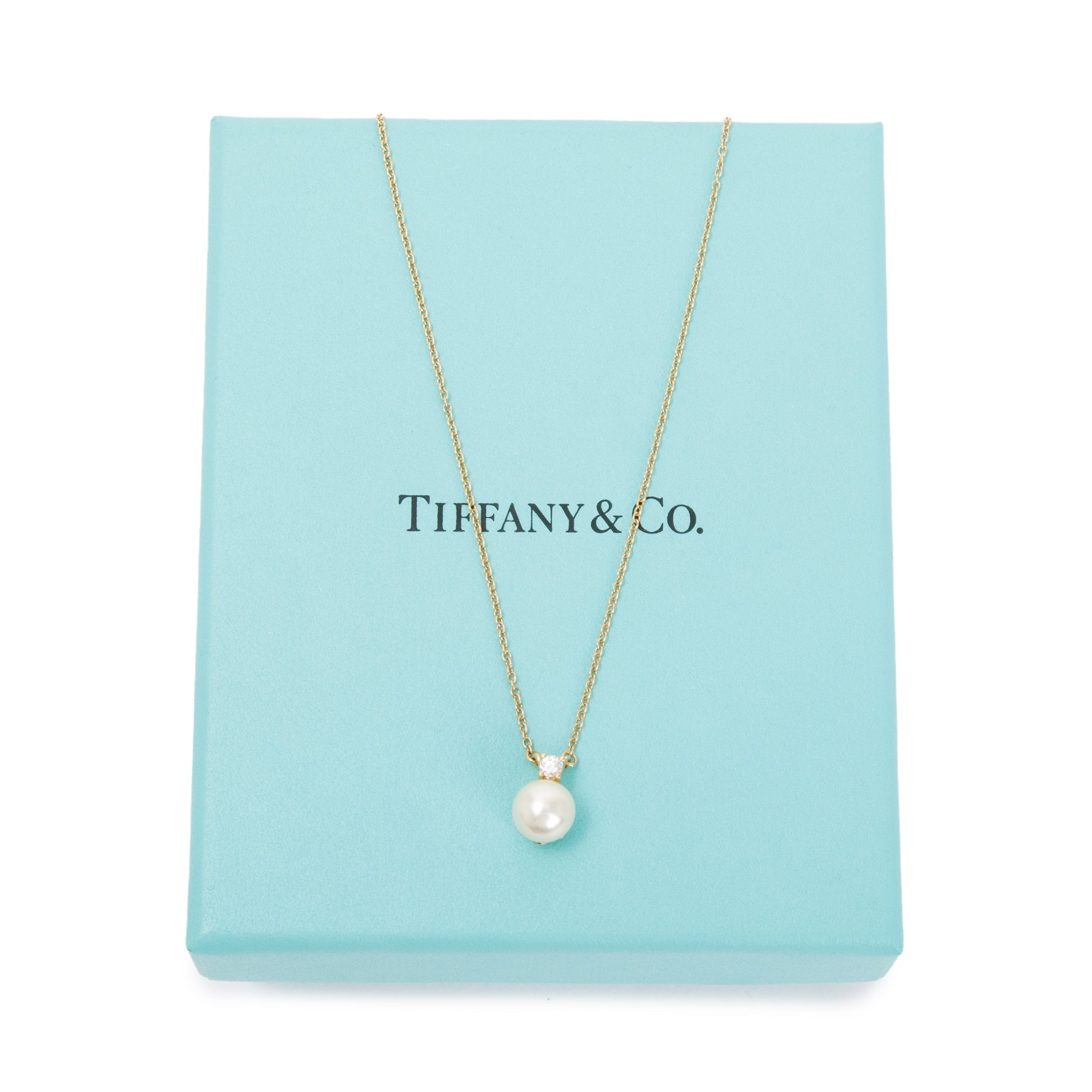 Tiffany & Co. 18k Yellow Gold Diamond Signature Pearl Pendant Necklace w/ Box