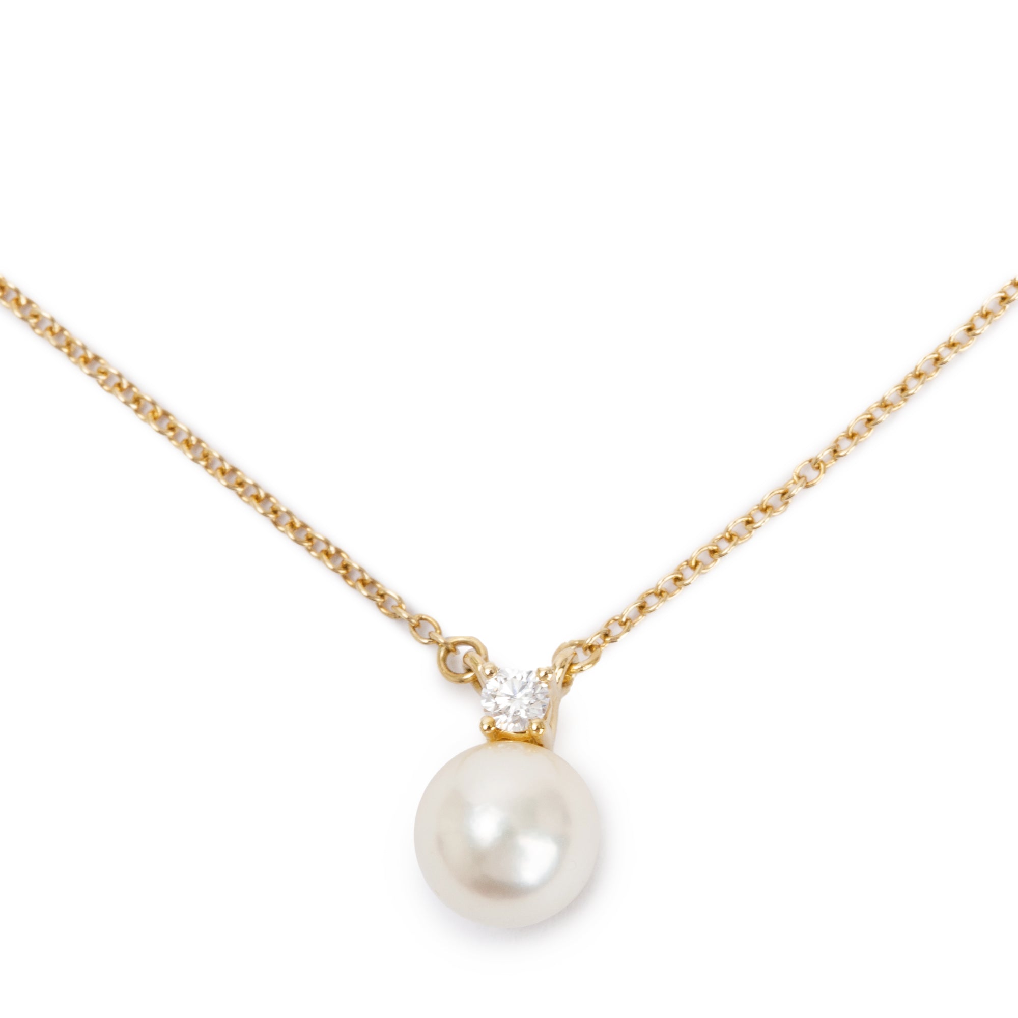Tiffany & Co. 18k Yellow Gold Diamond Signature Pearl Pendant Necklace w/ Box