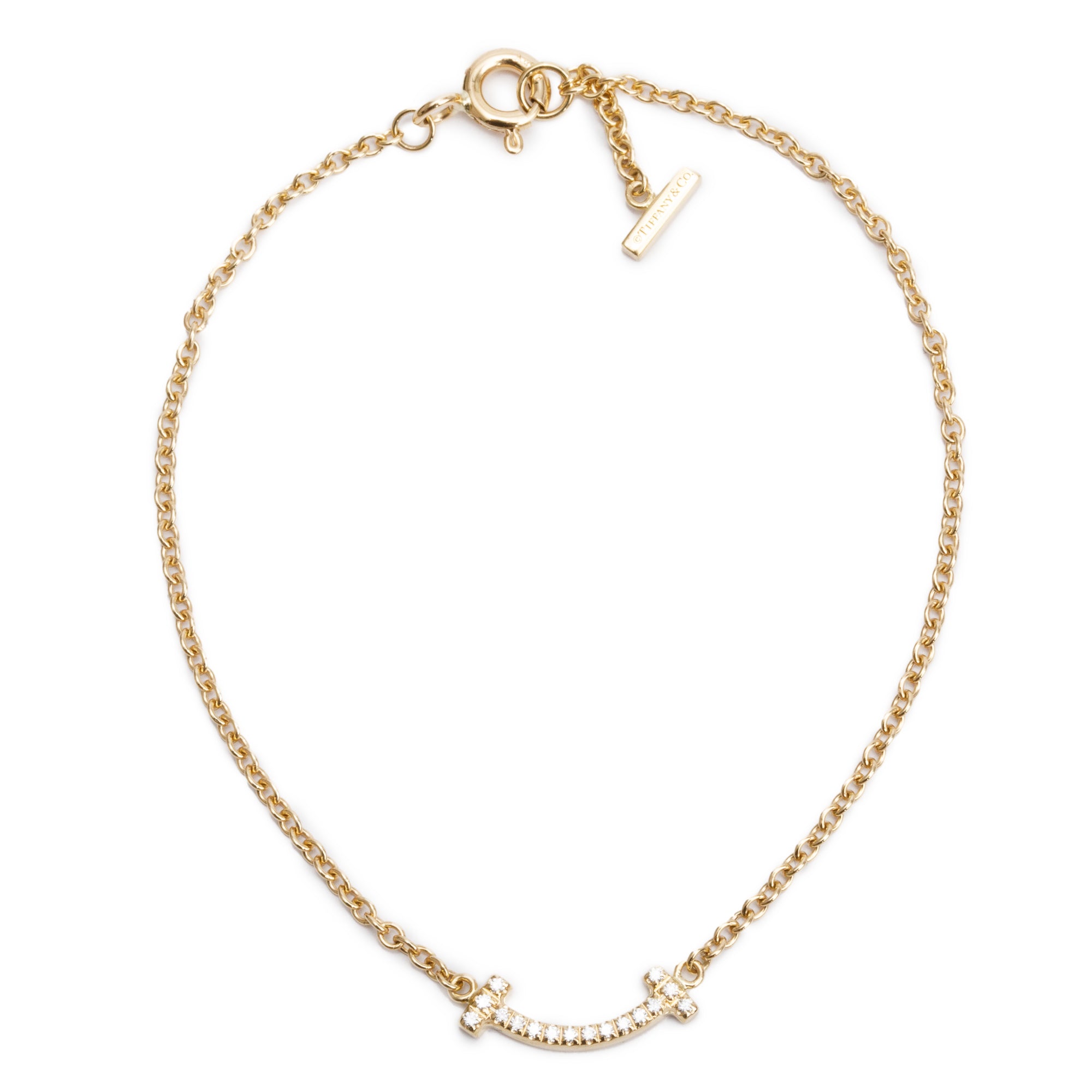 Tiffany 18k Yellow Gold Diamond T Smile Bracelet w/ Box