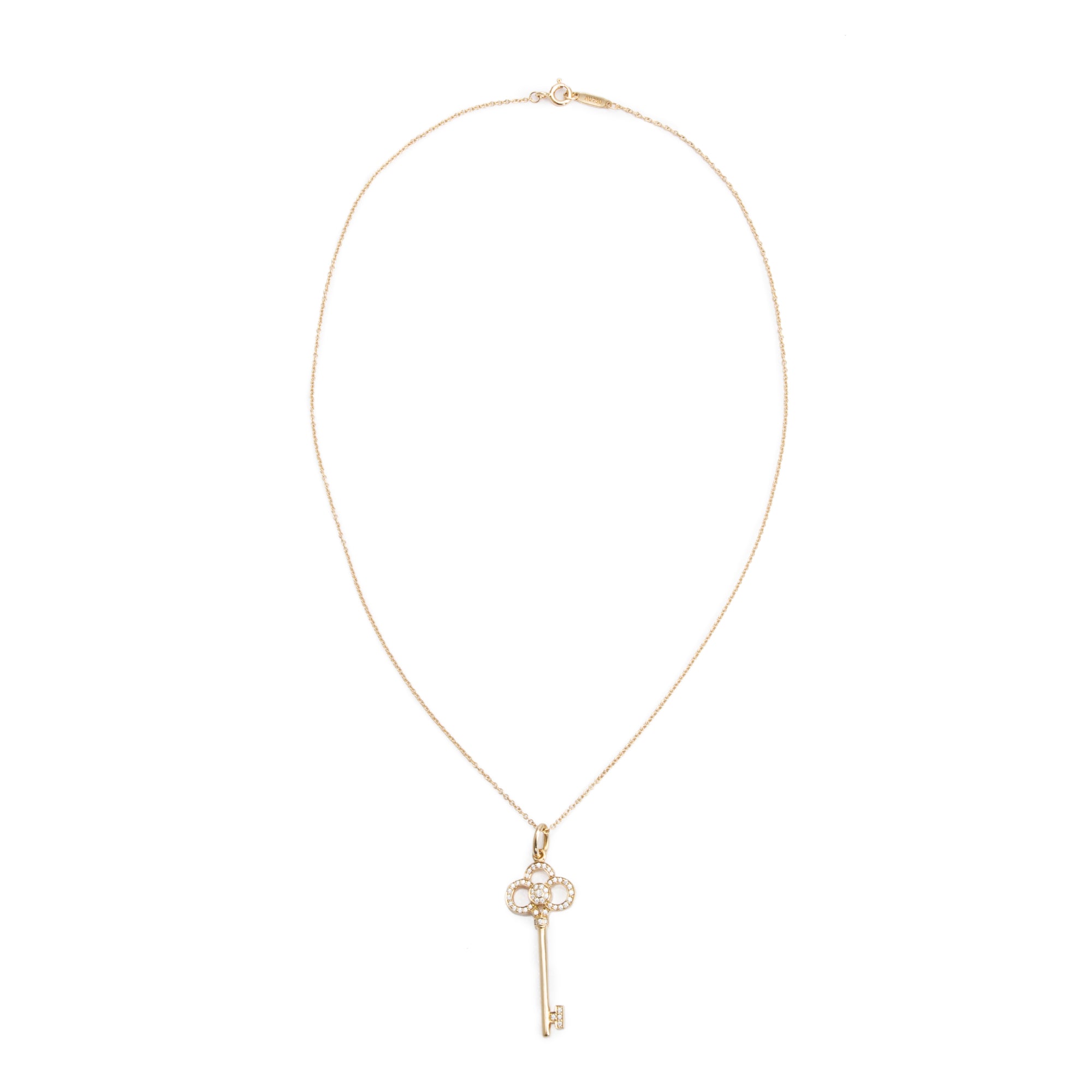 Tiffany & Co. 18k Yellow Gold Diamonds 1.5" Crown Key Pendant Necklace w/ Box