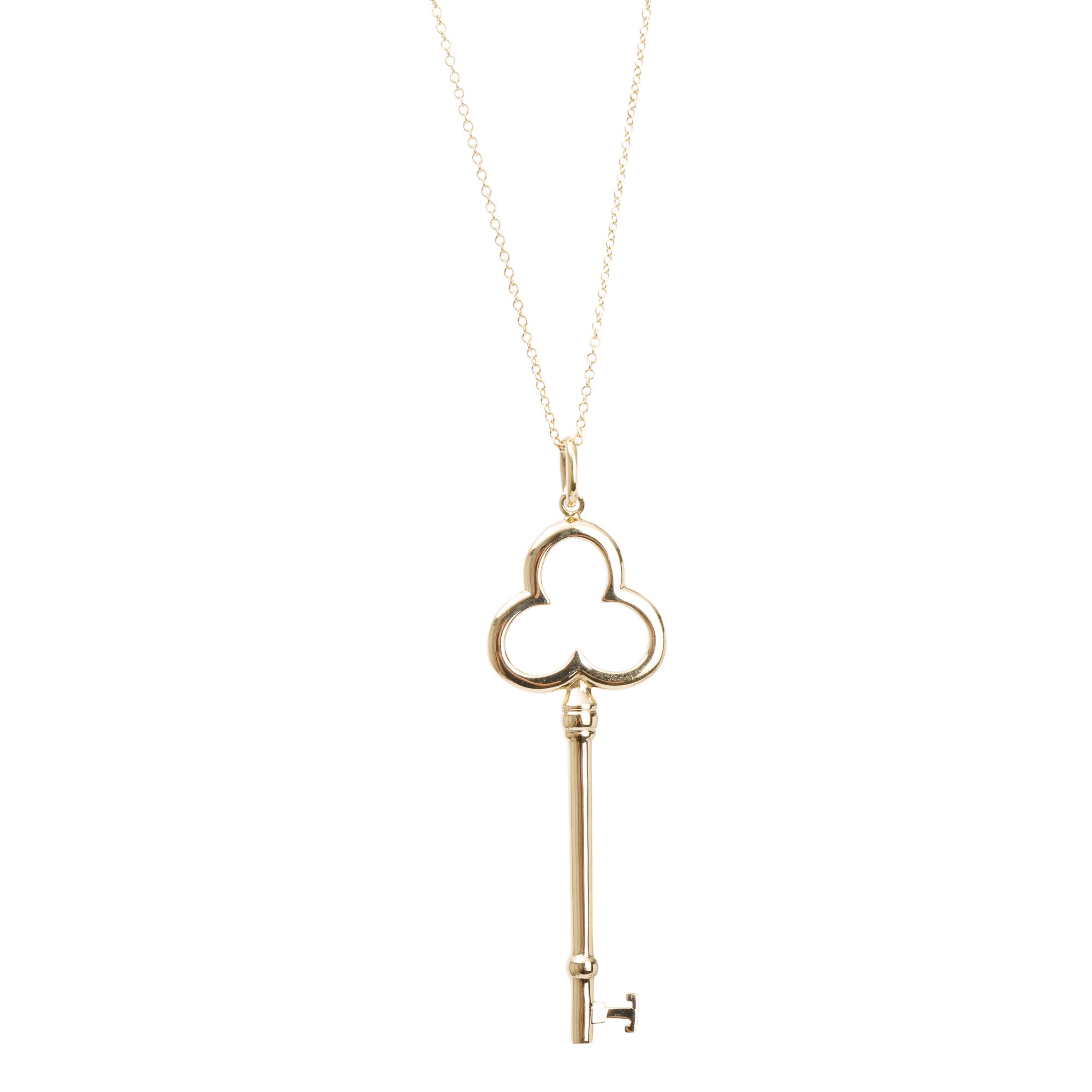 Tiffany & Co. 18k Yellow Gold Large Trefoil Key Pendant Necklace w/ Box
