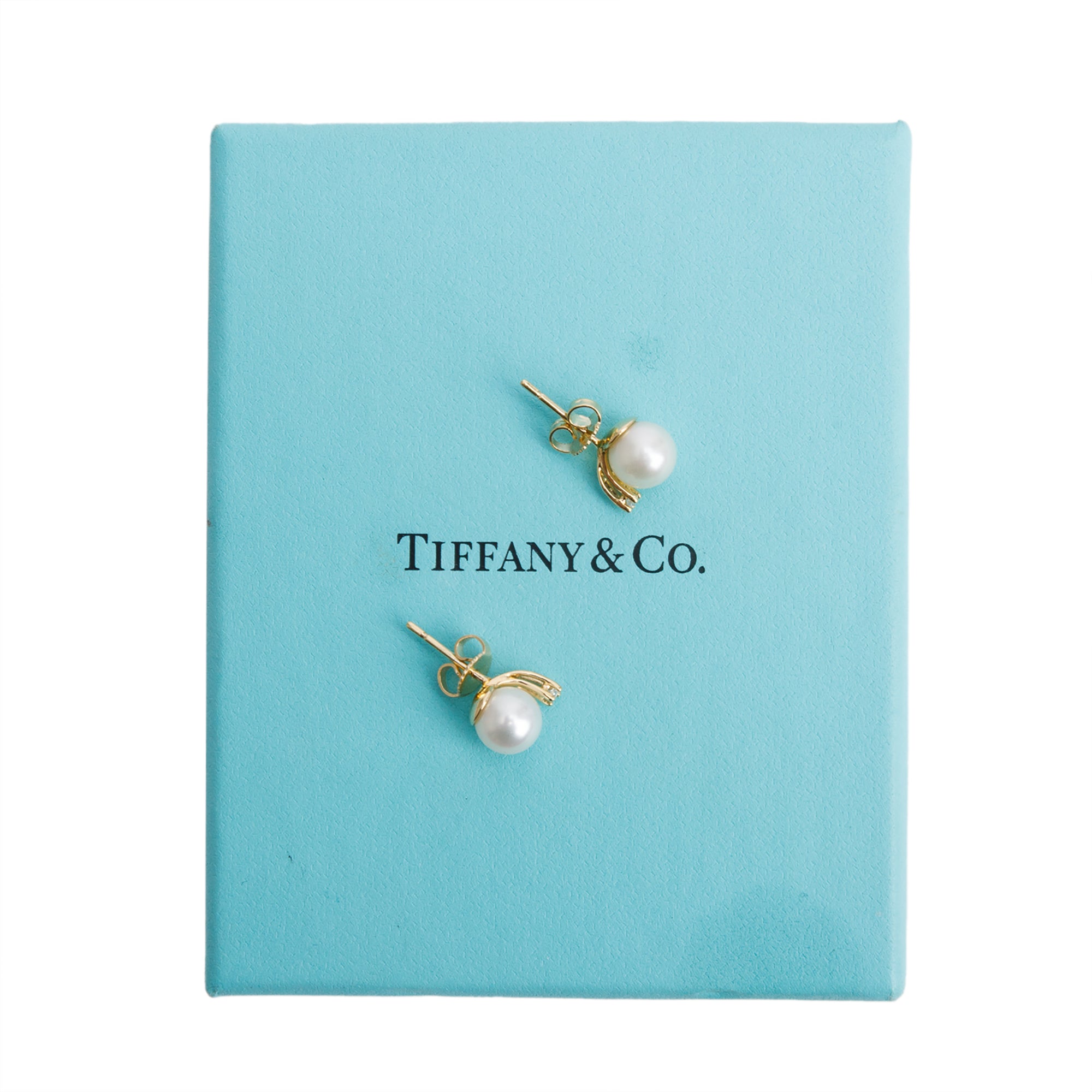 Tiffany & Co. 18k Yellow Gold Pearl & Diamond Stud Earrings w/ Box
