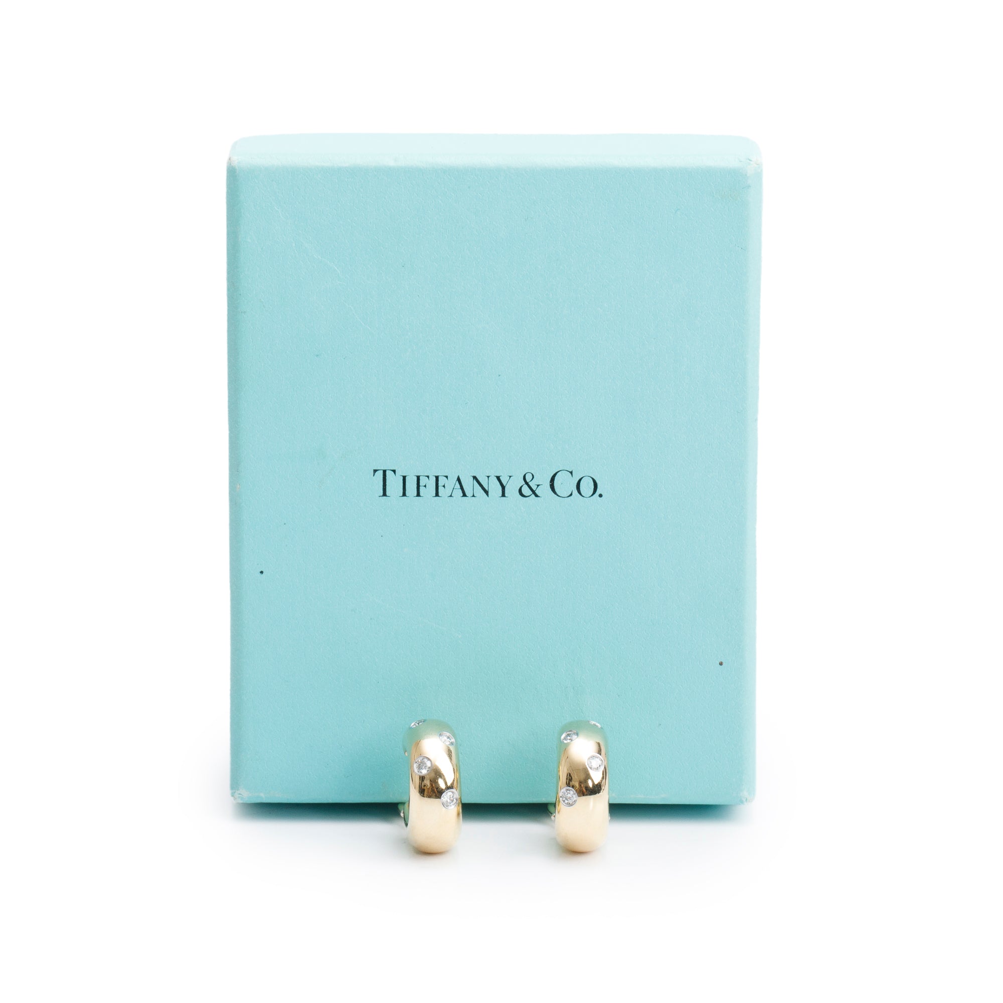 Tiffany & Co. 18k Yellow Gold & Platinum Diamond Etoile Hoop Earrings w/ Box