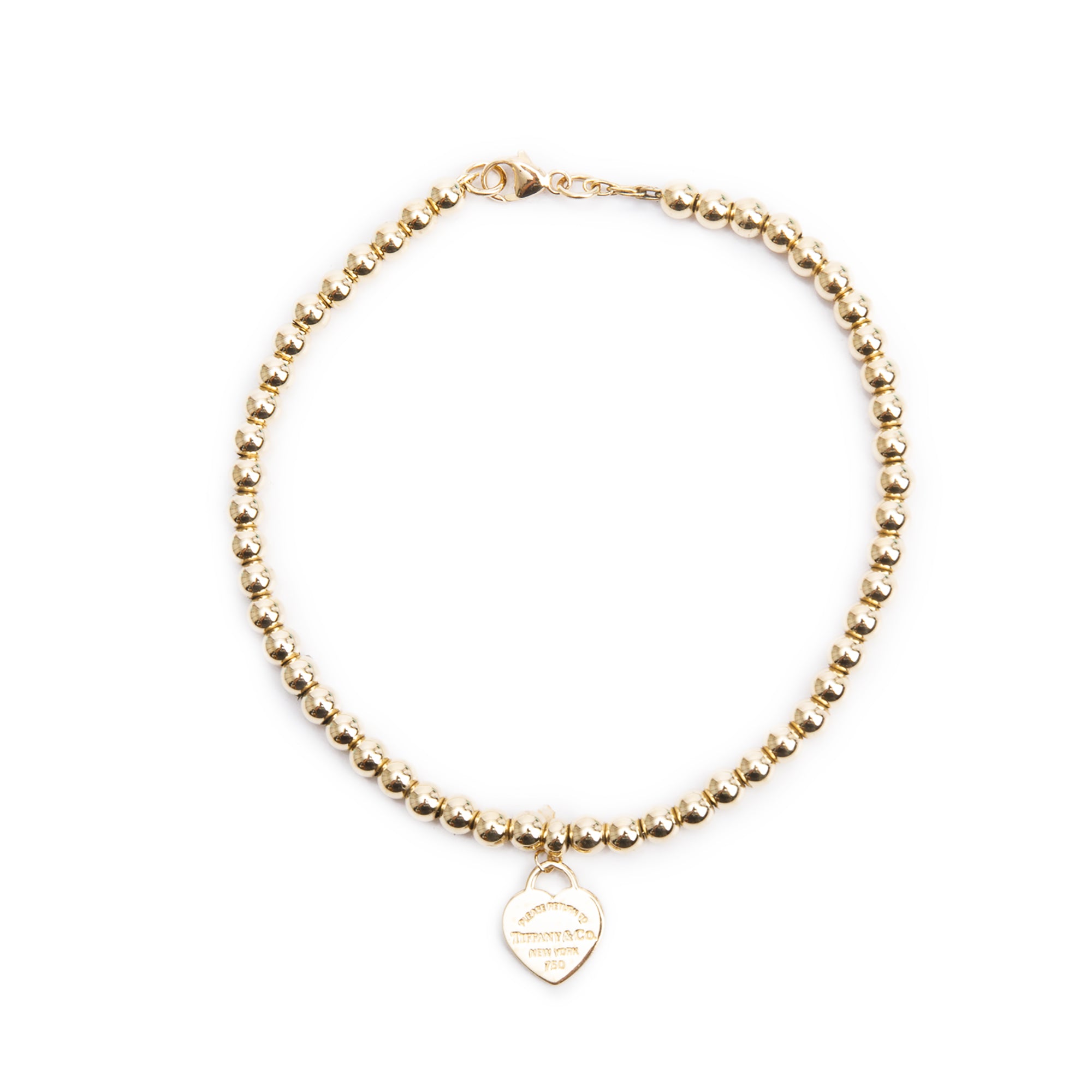 Tiffany & Co. 18k Yellow Gold Return to Tiffany Mini Heart Tag 4MM Bead Bracelet w/ Box