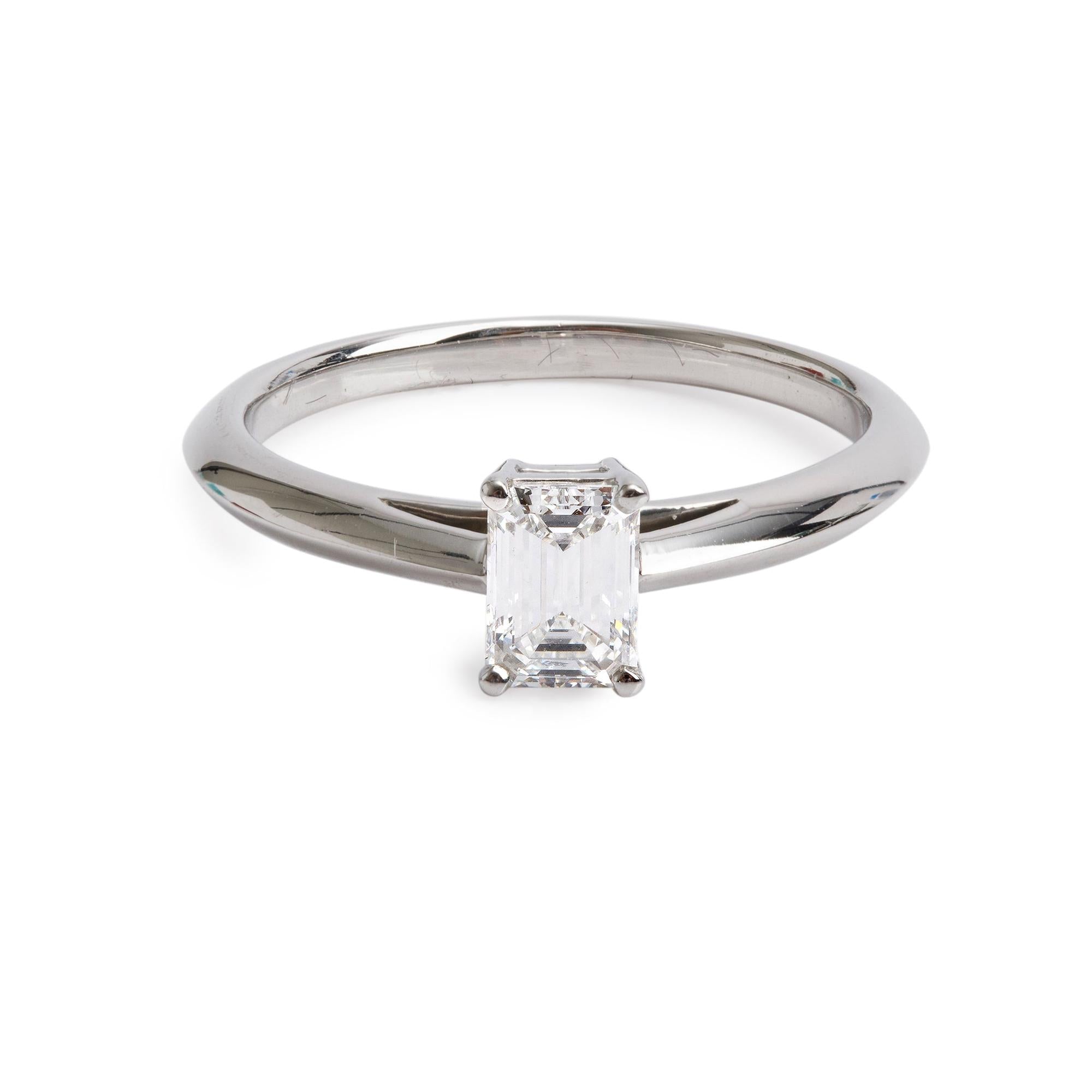 Tiffany & Co. 2024 Platinum Emerald Cut 0.56 ct. Diamond Solitaire Engagement Ring w/ Box & Papers