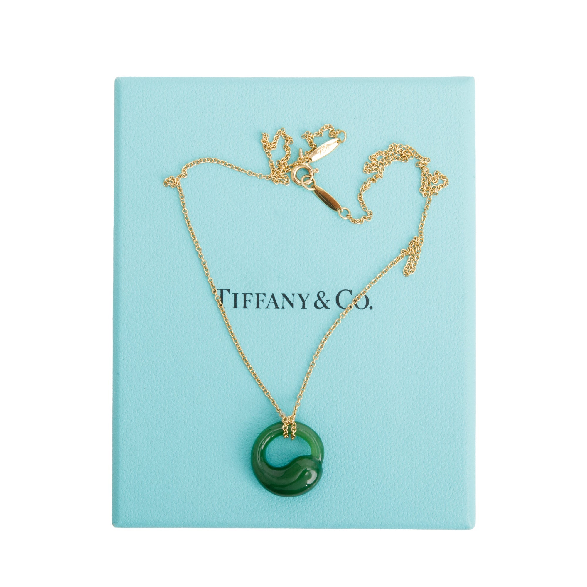 Tiffany & Co. Elsa Peretti 18k Yellow Gold 16MM Jade Eternal Circle Pendant Necklace w/ Box