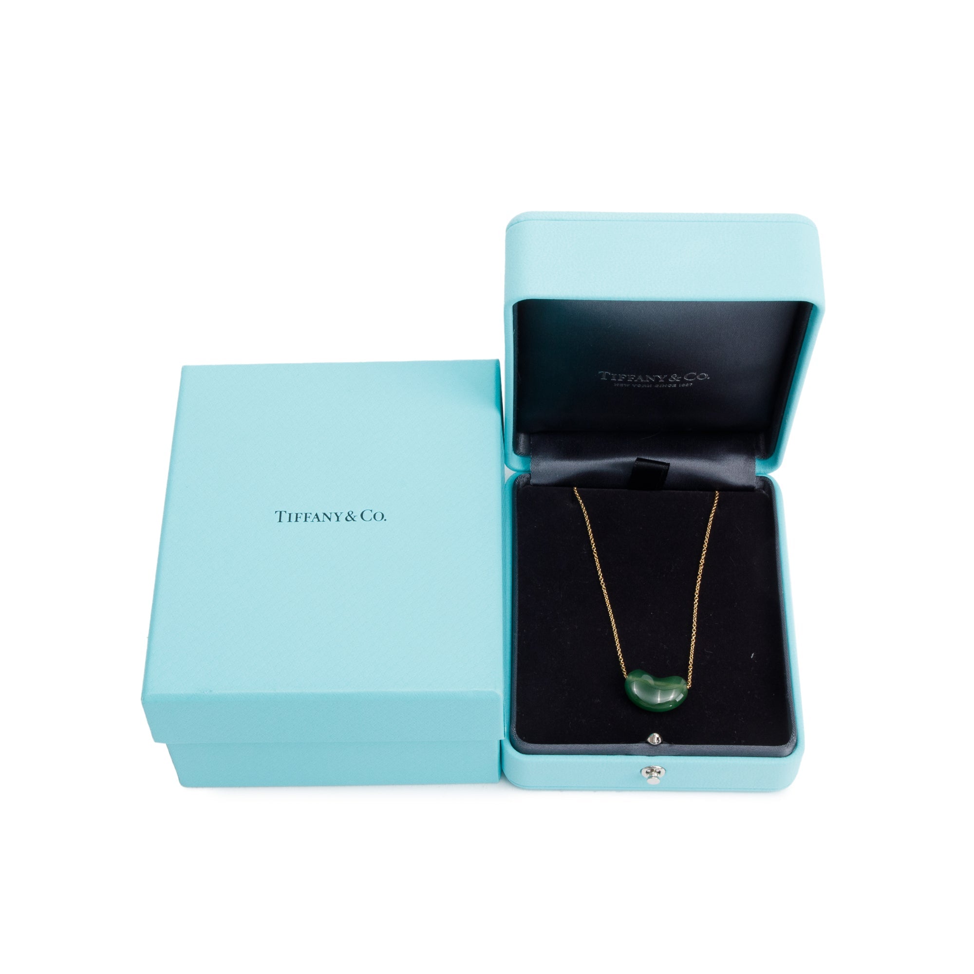 Tiffany & Co. Elsa Peretti 18k Yellow Gold 18 MM Jade Bean Pendant Necklace w/ Box