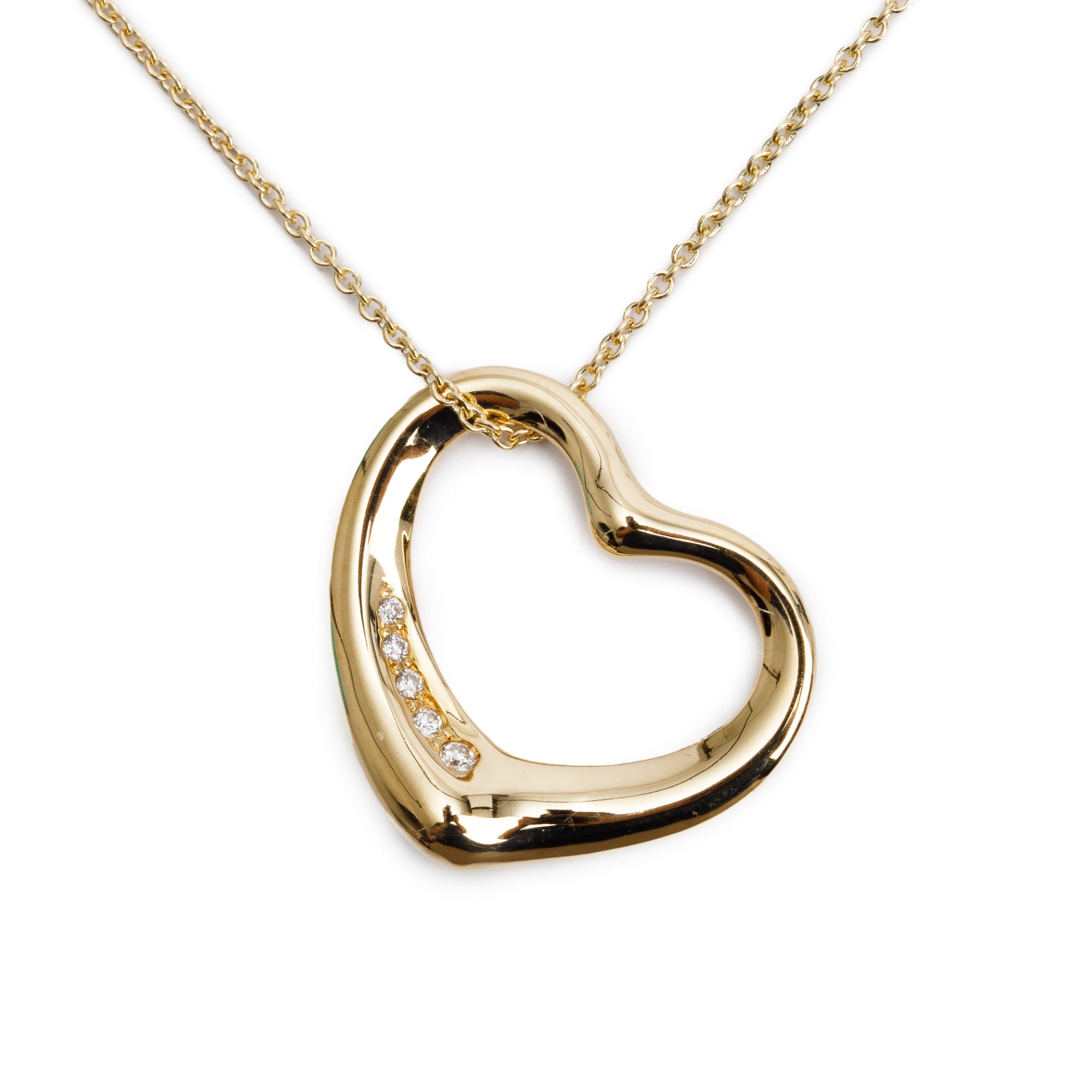 Tiffany & Co. Elsa Peretti 18k Yellow Gold Diamond 22 MM Open Heart Pendant Necklace w/ Box