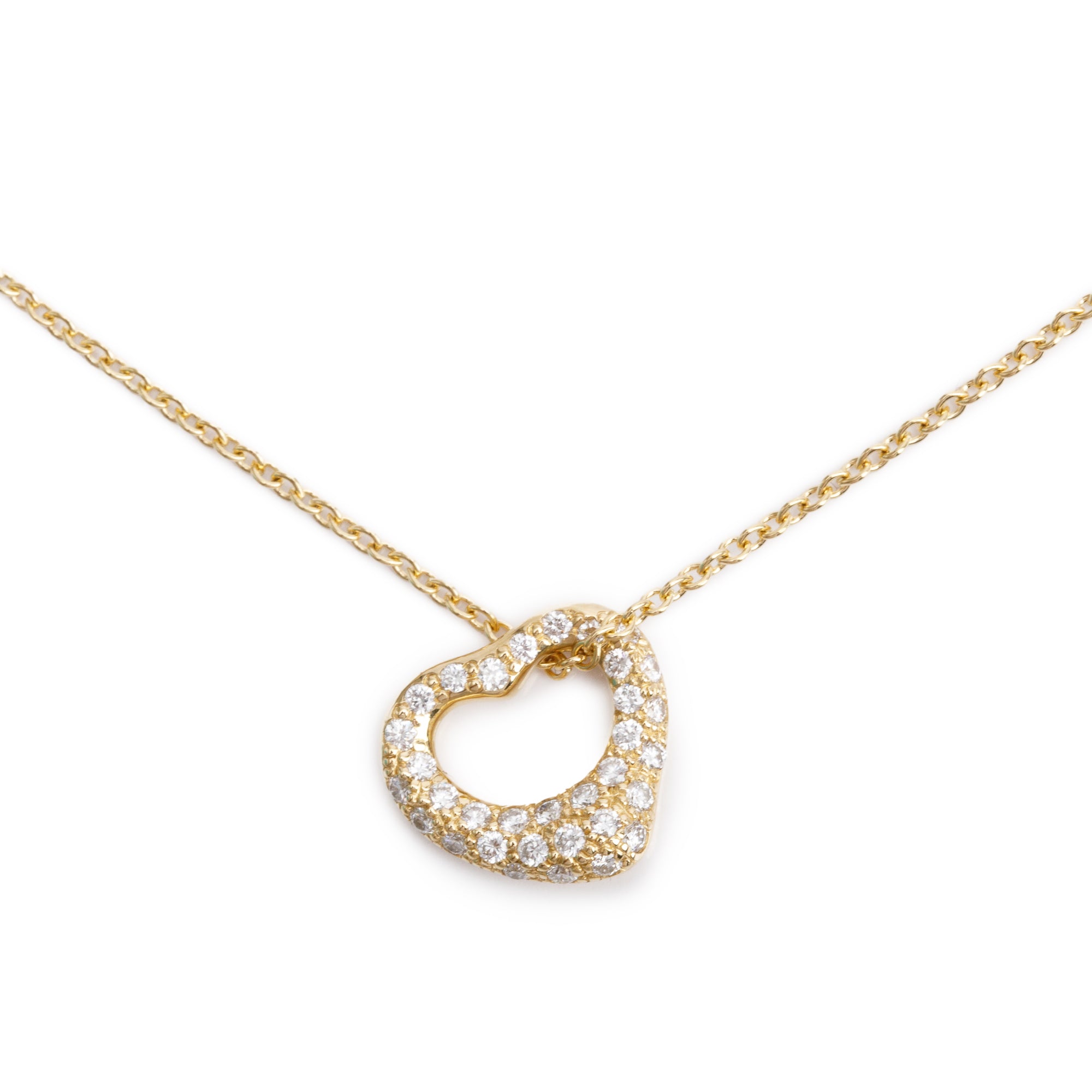 Tiffany & Co. Elsa Peretti 18k Yellow Gold Pave Diamond 11 MM Open Heart Pendant Necklace w/ Box & Receipt
