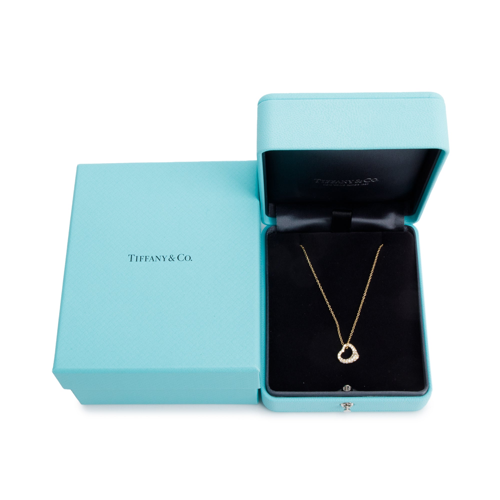 Tiffany & Co. Elsa Peretti 18k Yellow Gold Pave Diamond 11 MM Open Heart Pendant Necklace w/ Box & Receipt