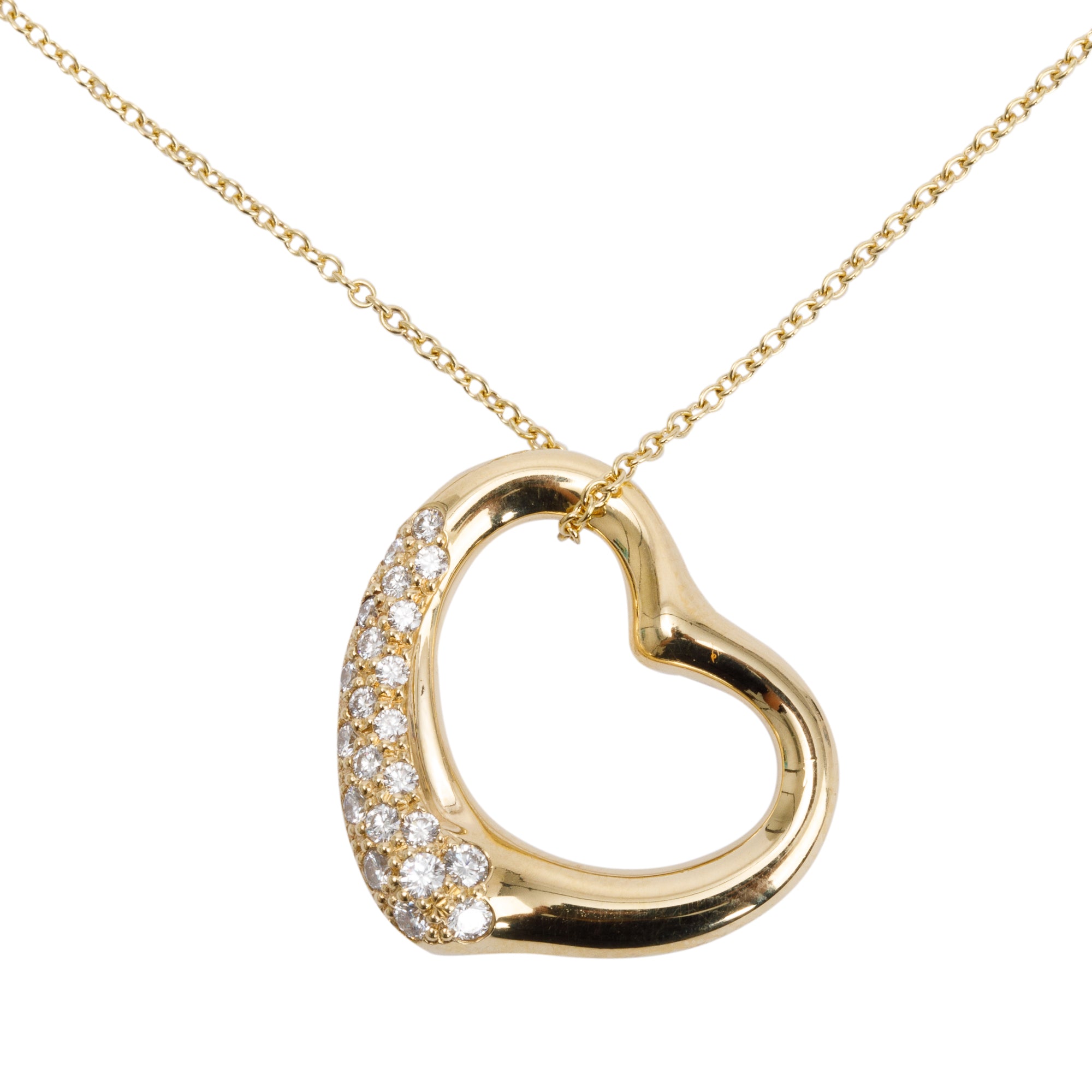 Tiffany & Co. Elsa Peretti 18k Yellow Gold Pave Diamond 22 MM Open Heart Pendant Necklace w/ Box