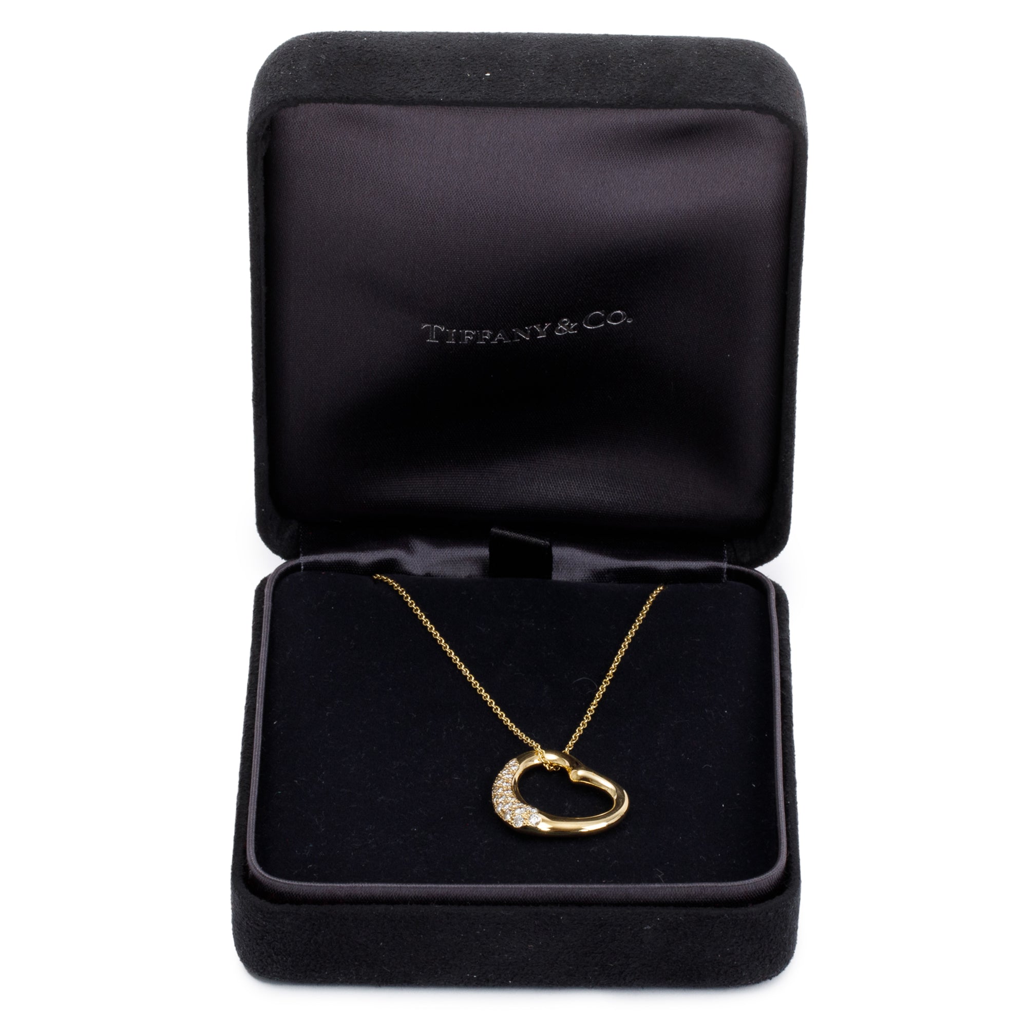 Tiffany & Co. Elsa Peretti 18k Yellow Gold Pave Diamond 22 MM Open Heart Pendant Necklace w/ Box