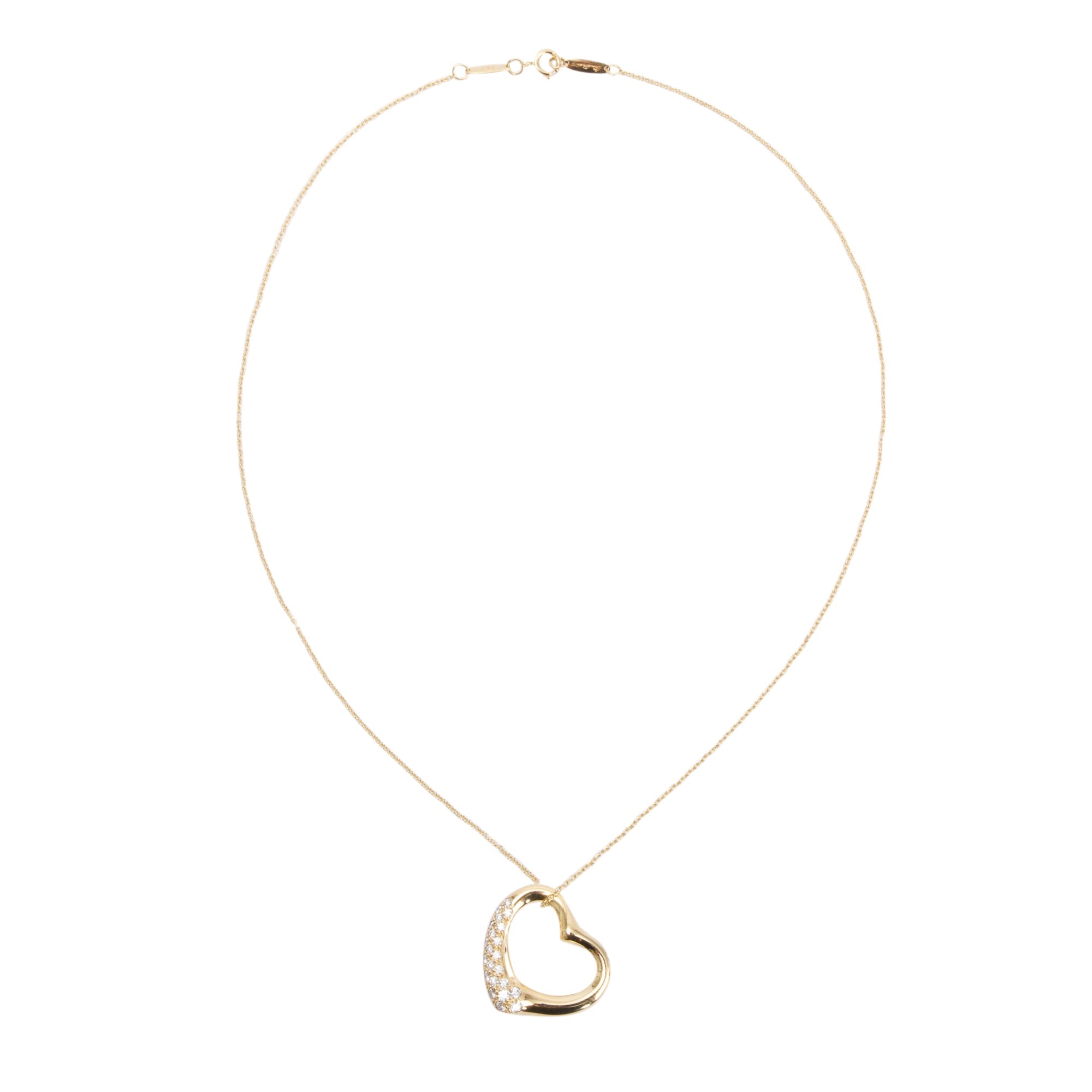 Tiffany & Co. Elsa Peretti 18k Yellow Gold Pave Diamond 22 MM Open Heart Pendant Necklace w/ Box