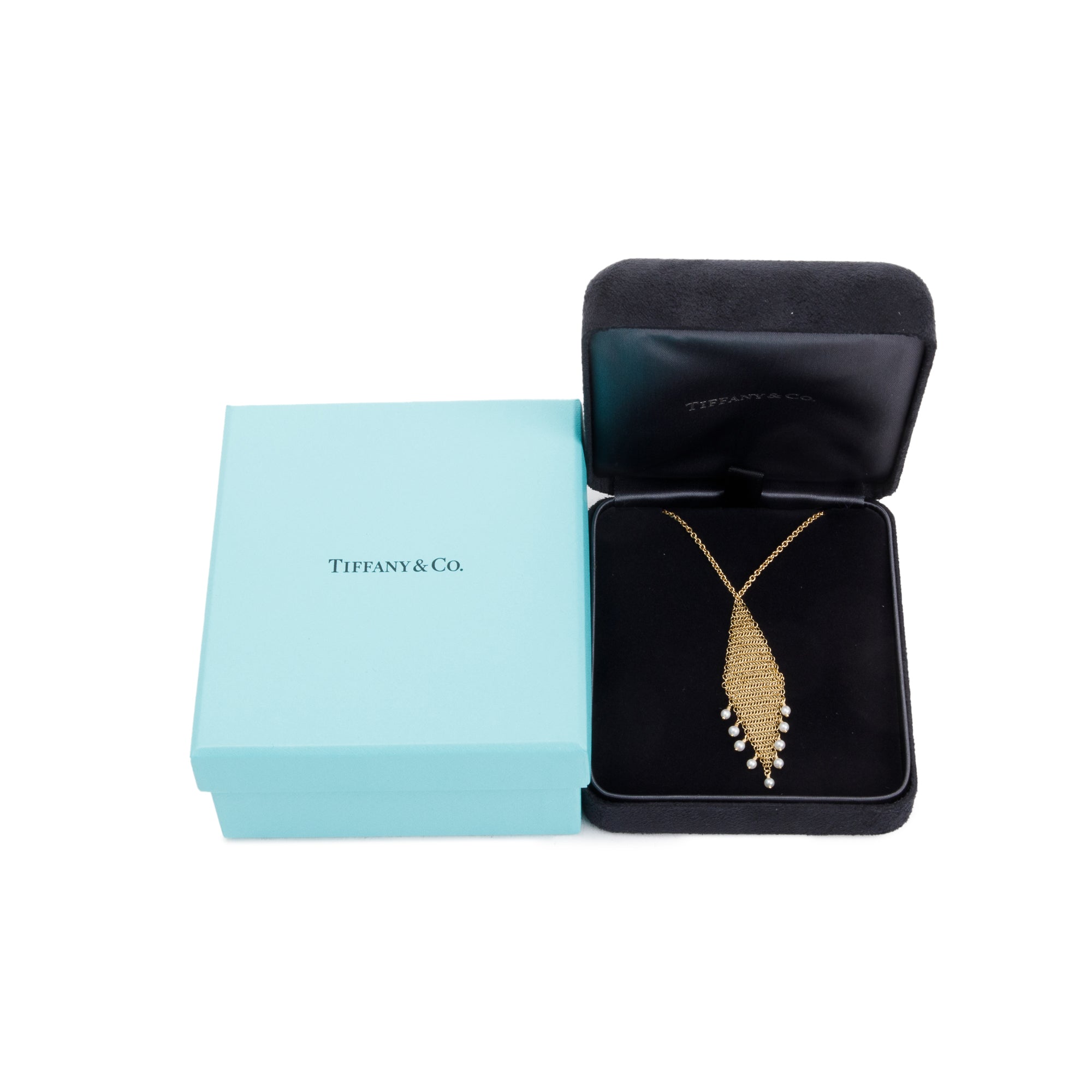 Tiffany & Co. Elsa Peretti 18k Yellow Gold Pearl Mesh Fringe Pendant Necklace w/ Box