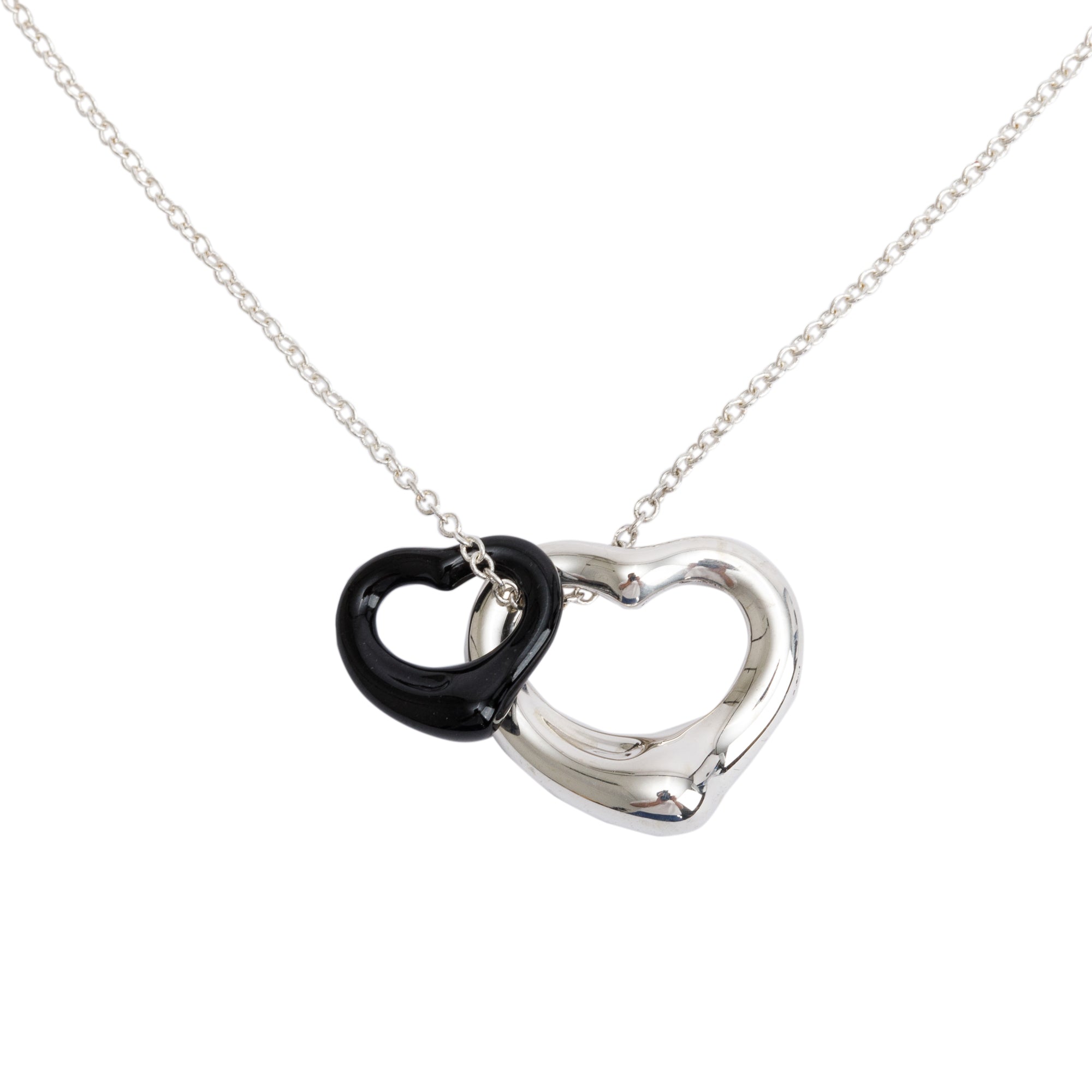 Tiffany & Co. Elsa Peretti Sterling Silver 16 MM & Black Jade 11 MM Open Heart Pendant Necklace