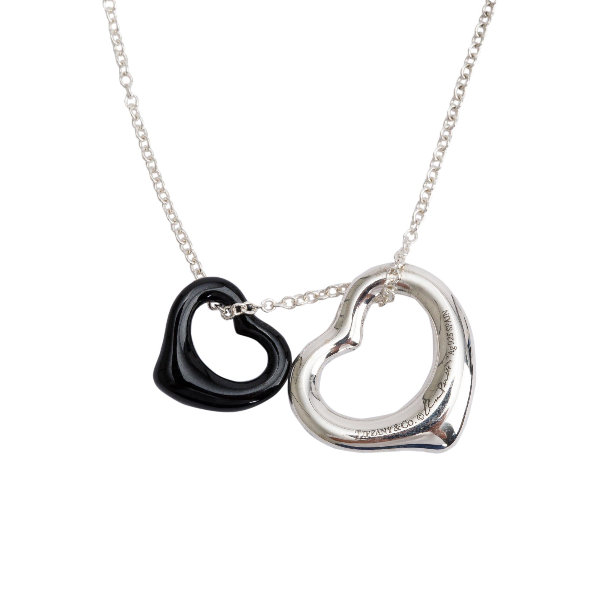 Tiffany & Co. Elsa Peretti Sterling Silver 16 MM & Black Jade 11 MM Open Heart Pendant Necklace