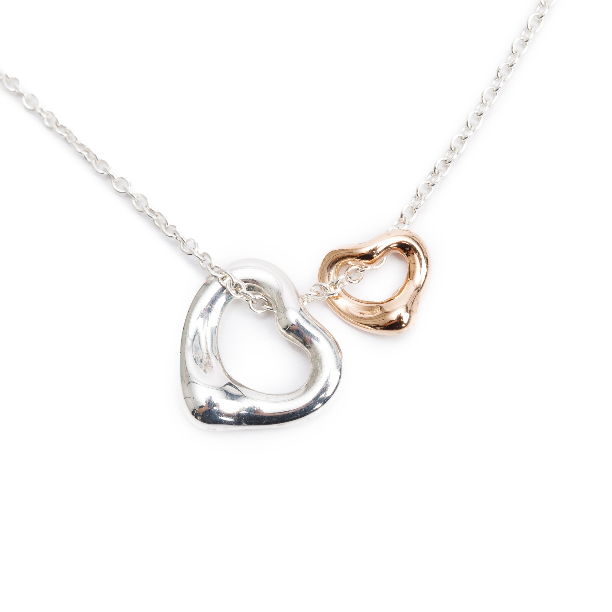 Tiffany & Co. Elsa Peretti Sterling Silver & 18k Rose Gold Extra Mini Open Heart Pendant Necklace w/ Box