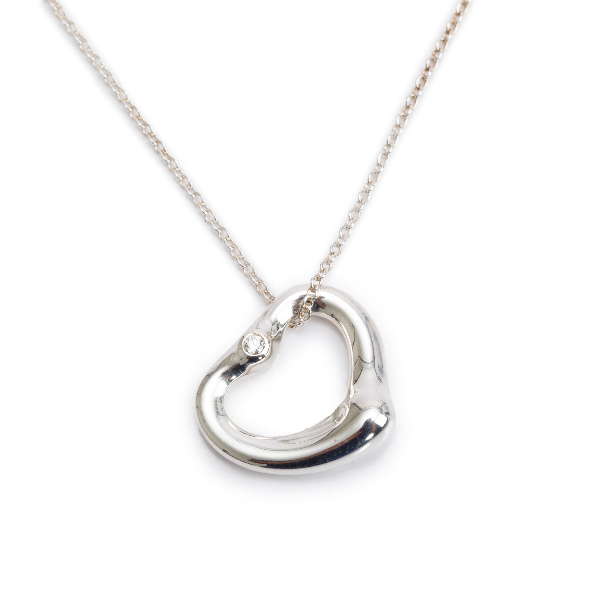 Tiffany & Co. Elsa Peretti Sterling Silver Diamond 16 MM Open Heart Pendant Necklace