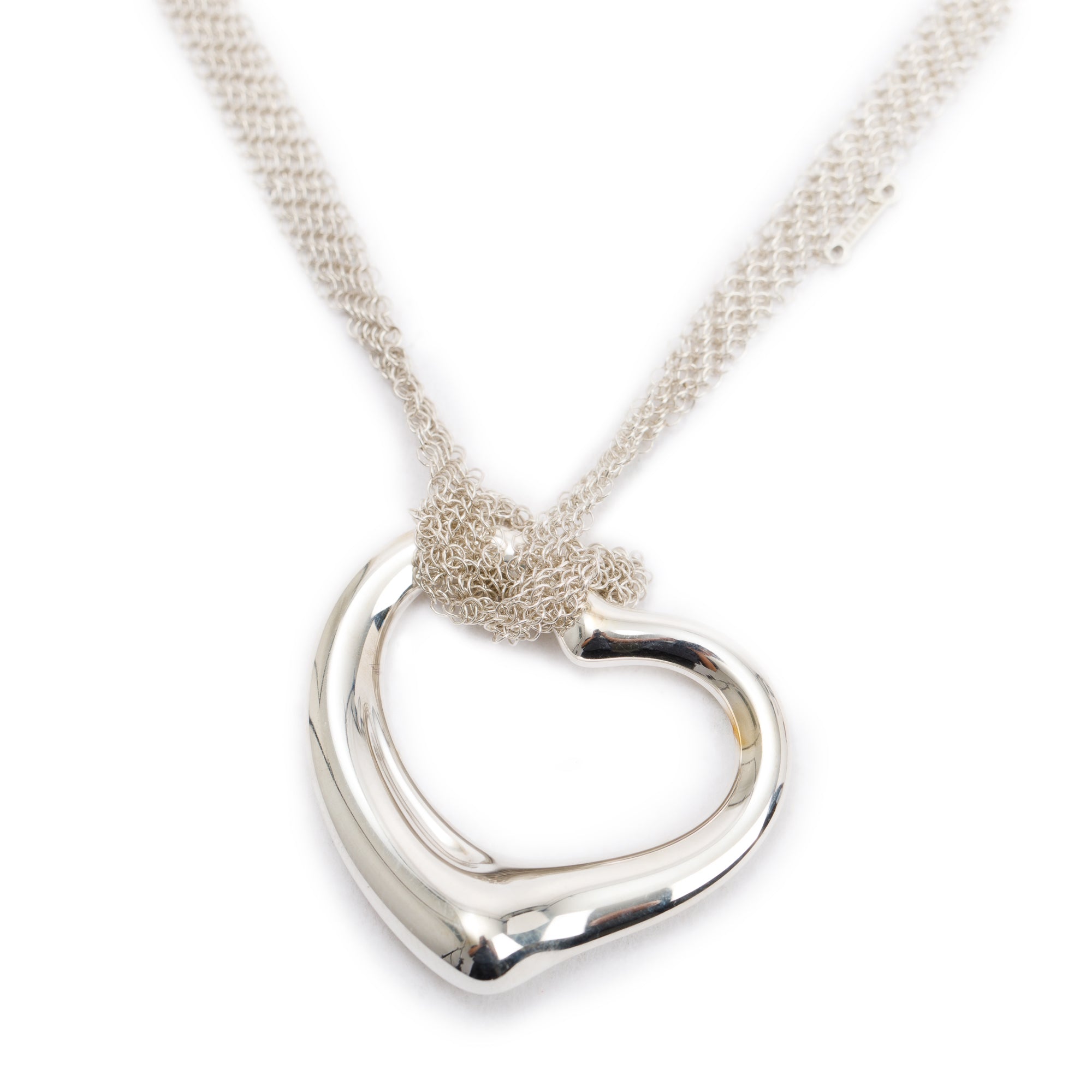Tiffany & Co. Elsa Peretti Sterling Silver Large 36 MM Open Heart Pendant Mesh Necklace