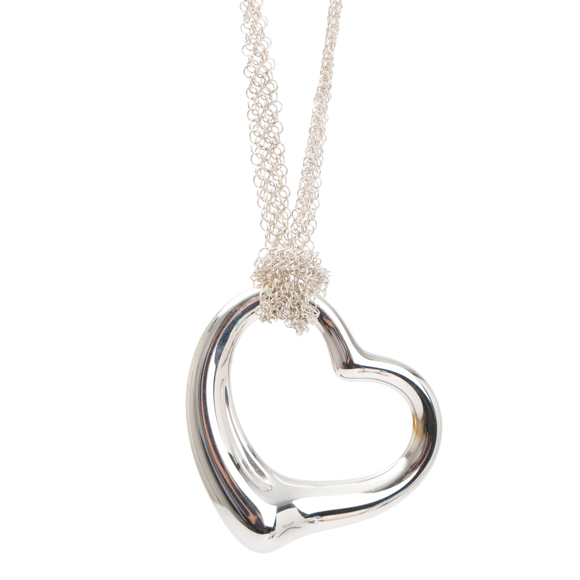 Tiffany & Co. Elsa Peretti Sterling Silver Large 36 MM Open Heart Pendant Mesh Necklace