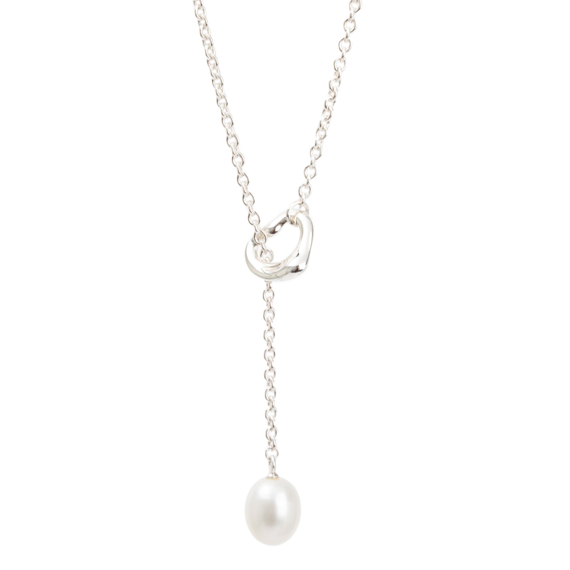 Tiffany & Co. Elsa Peretti Sterling Silver Open Heart Pearl Lariat Necklace