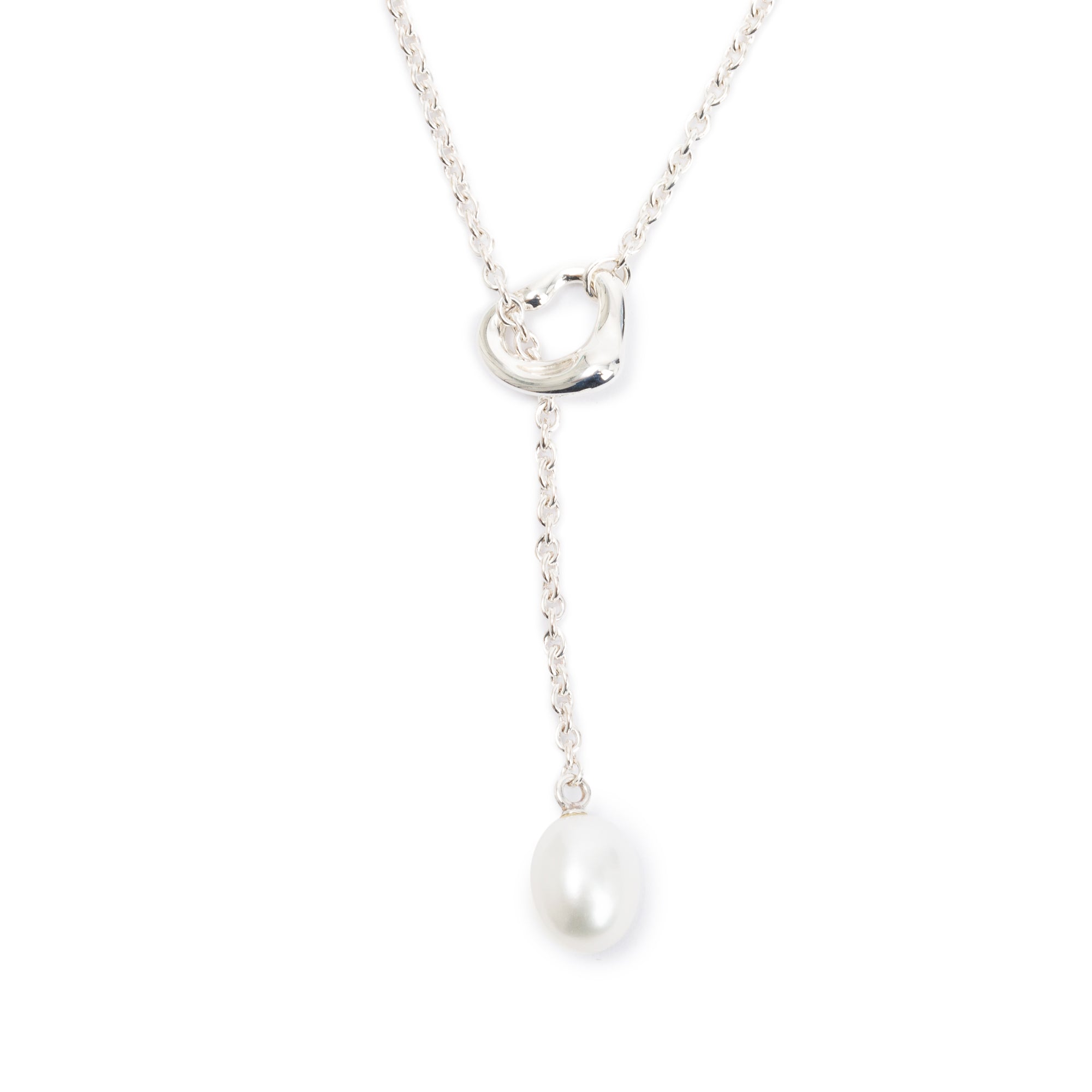 Tiffany & Co. Elsa Peretti Sterling Silver Open Heart Pearl Lariat Necklace