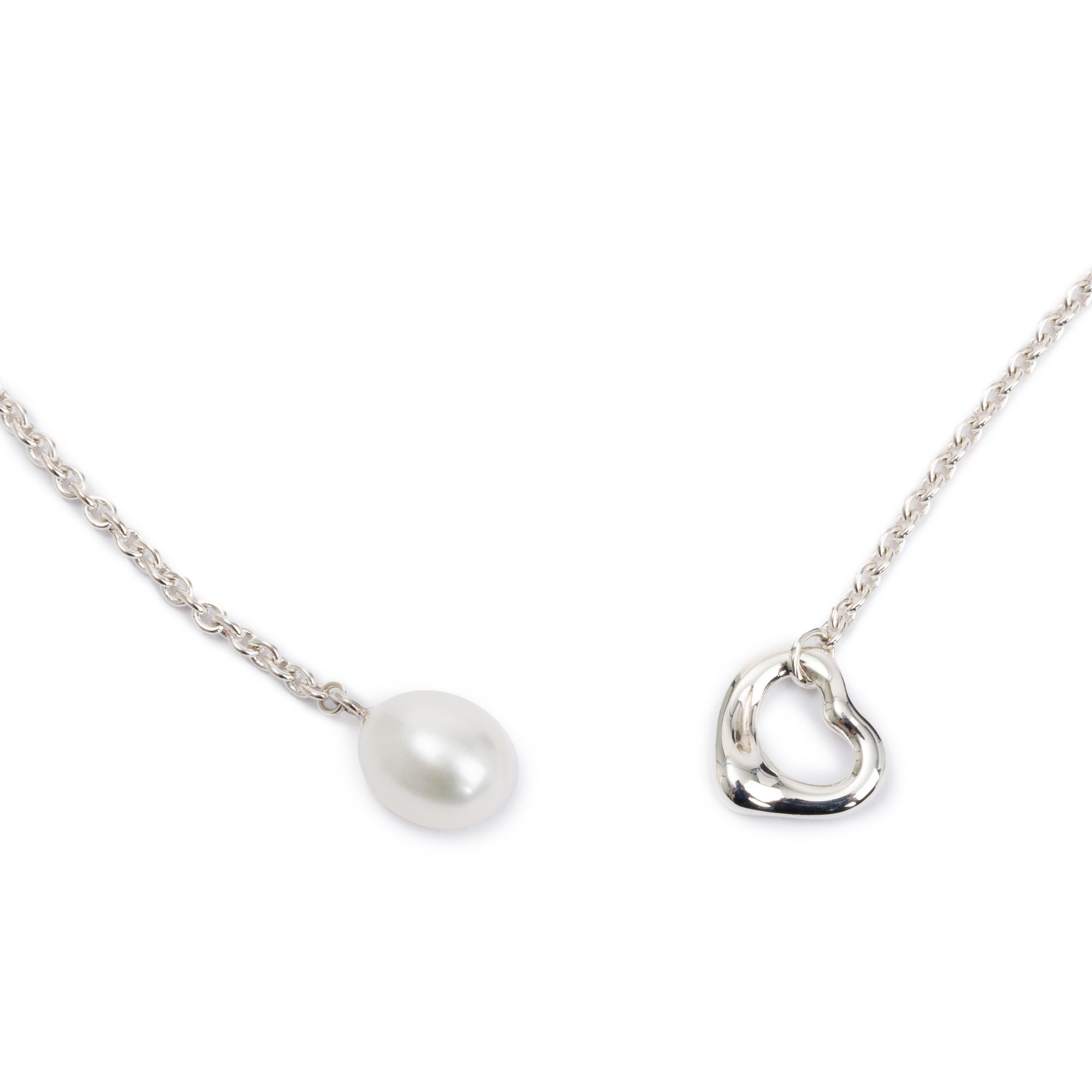 Tiffany & Co. Elsa Peretti Sterling Silver Open Heart Pearl Lariat Necklace